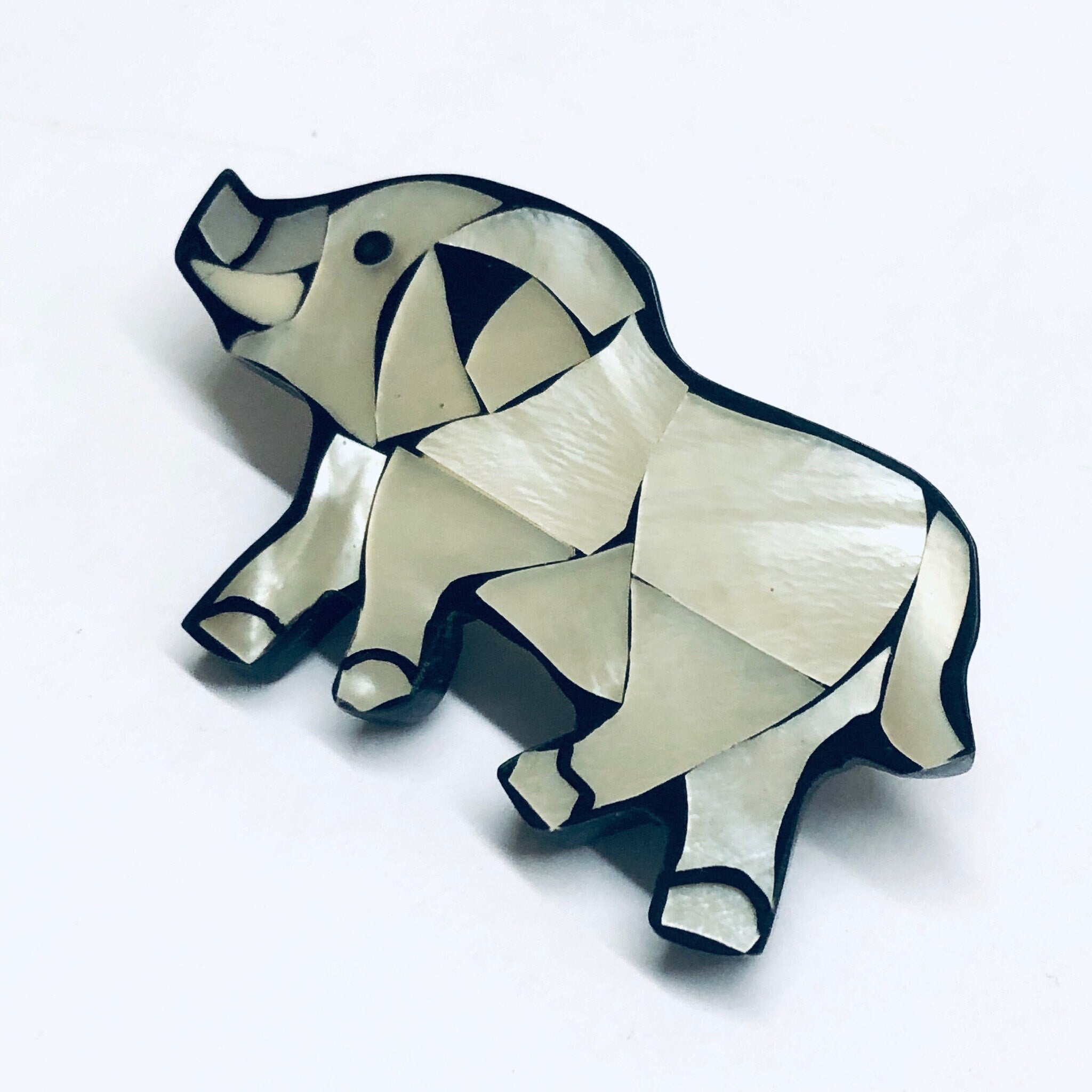 Mother of Pearl Elephant Brooch, Vintage Animal Jewelry, Mother of Pearl Inlay Jewelry, Vintage Rhino Pin