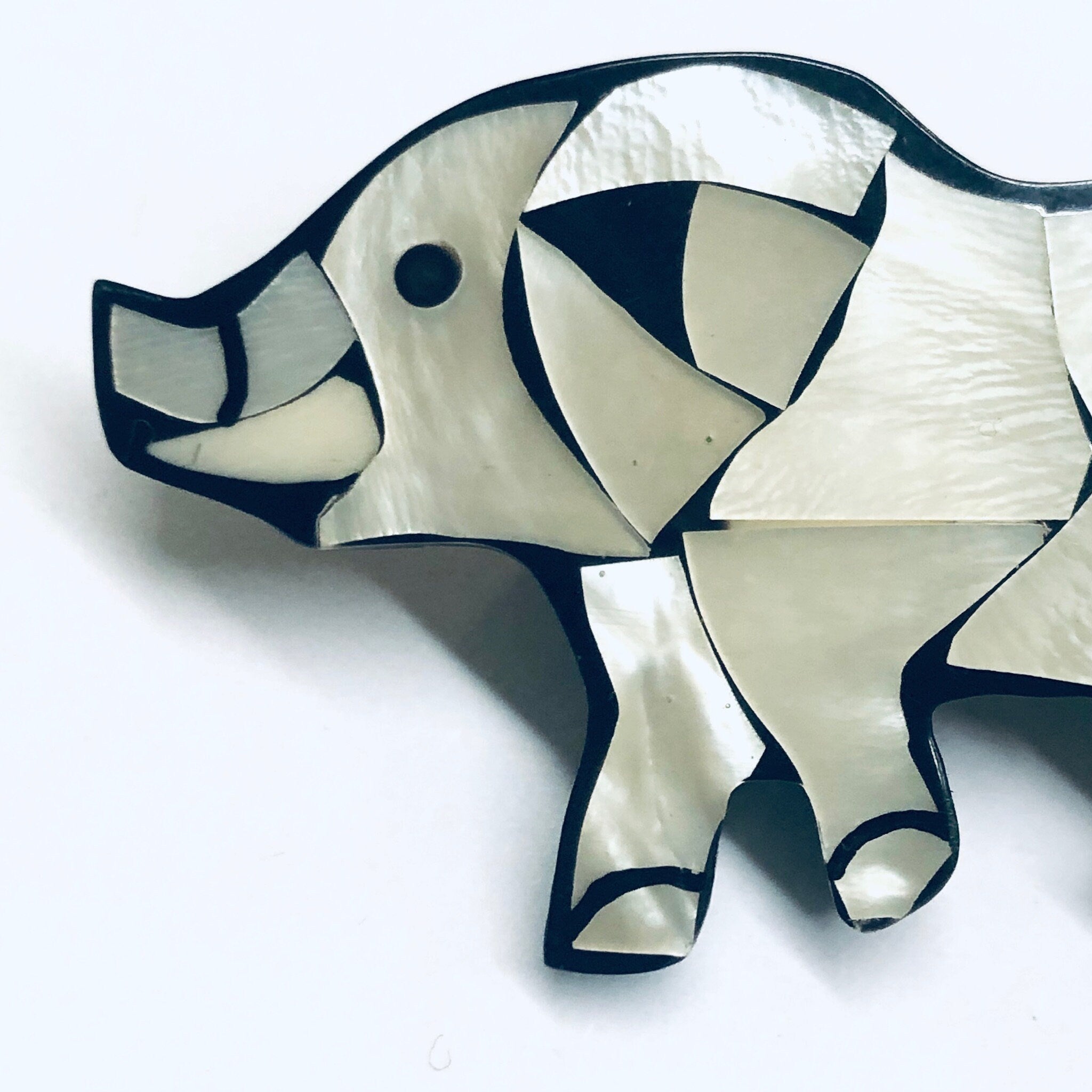 Mother of Pearl Elephant Brooch, Vintage Animal Jewelry, Mother of Pearl Inlay Jewelry, Vintage Rhino Pin