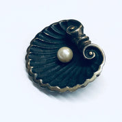 Karen Lynne Sterling Brooch, Karen Lynne Shell Brooch, Art Nouveau Pin, Seashell Brooch, Gold Wash Pin, Pearl Brooch, Matte Black Pin,