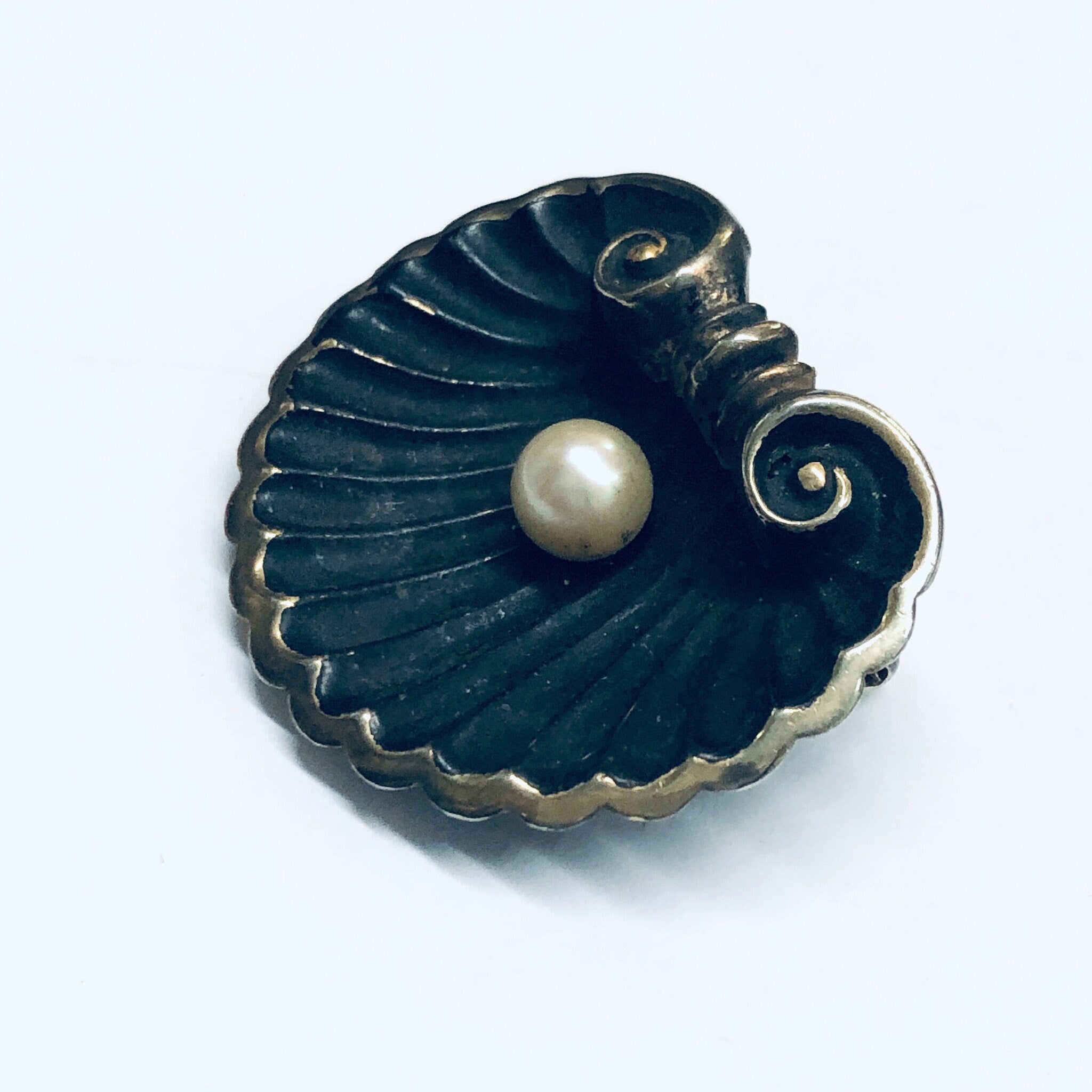 Karen Lynne Sterling Brooch, Karen Lynne Shell Brooch, Art Nouveau Pin, Seashell Brooch, Gold Wash Pin, Pearl Brooch, Matte Black Pin,