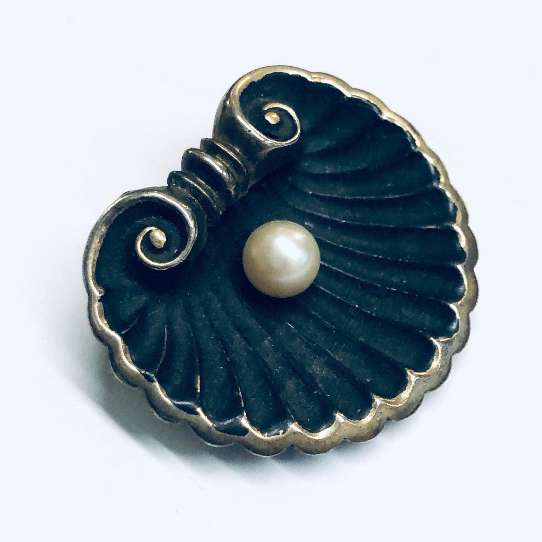 Karen Lynne Sterling Brooch, Karen Lynne Shell Brooch, Art Nouveau Pin, Seashell Brooch, Gold Wash Pin, Pearl Brooch, Matte Black Pin,