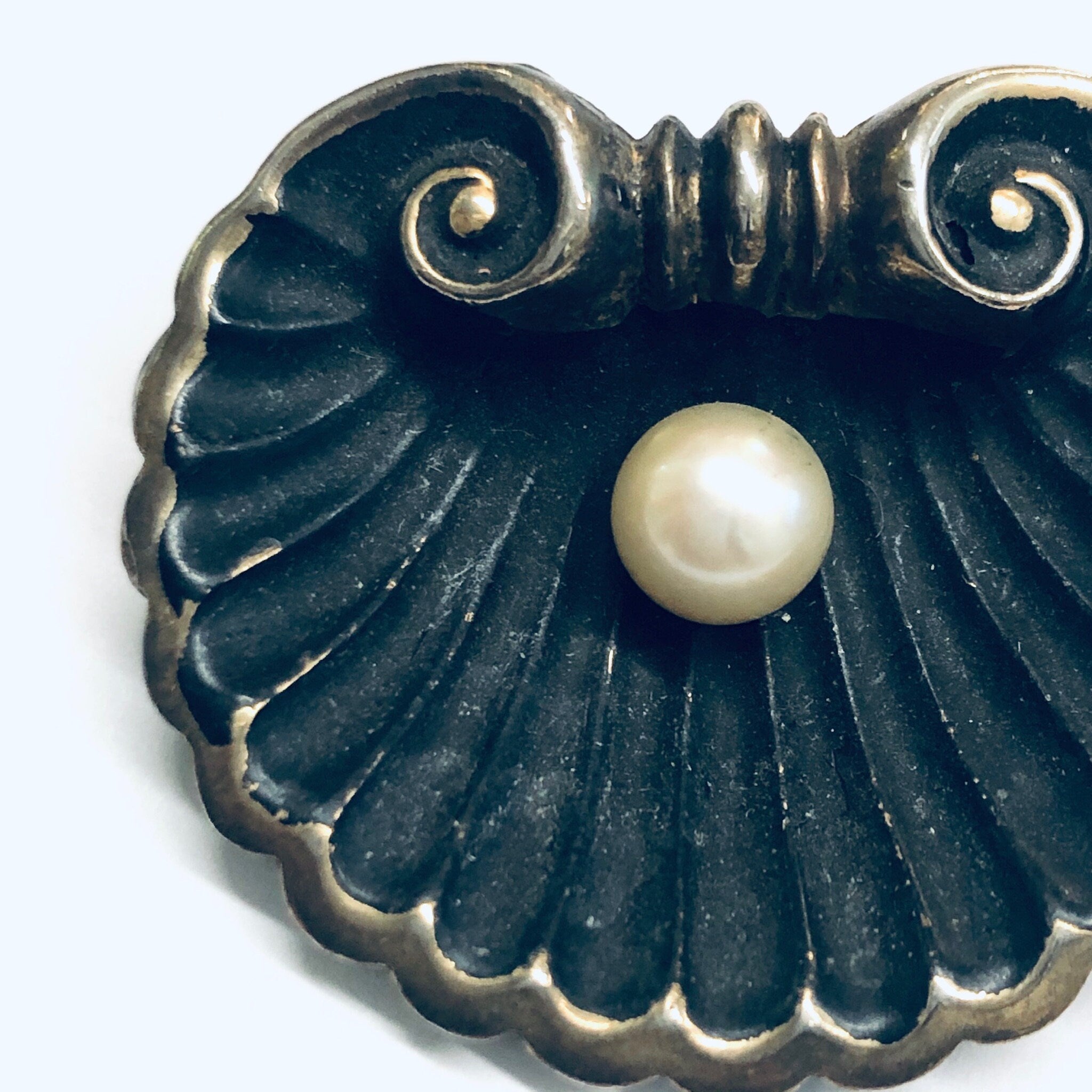 Karen Lynne Sterling Brooch, Karen Lynne Shell Brooch, Art Nouveau Pin, Seashell Brooch, Gold Wash Pin, Pearl Brooch, Matte Black Pin,