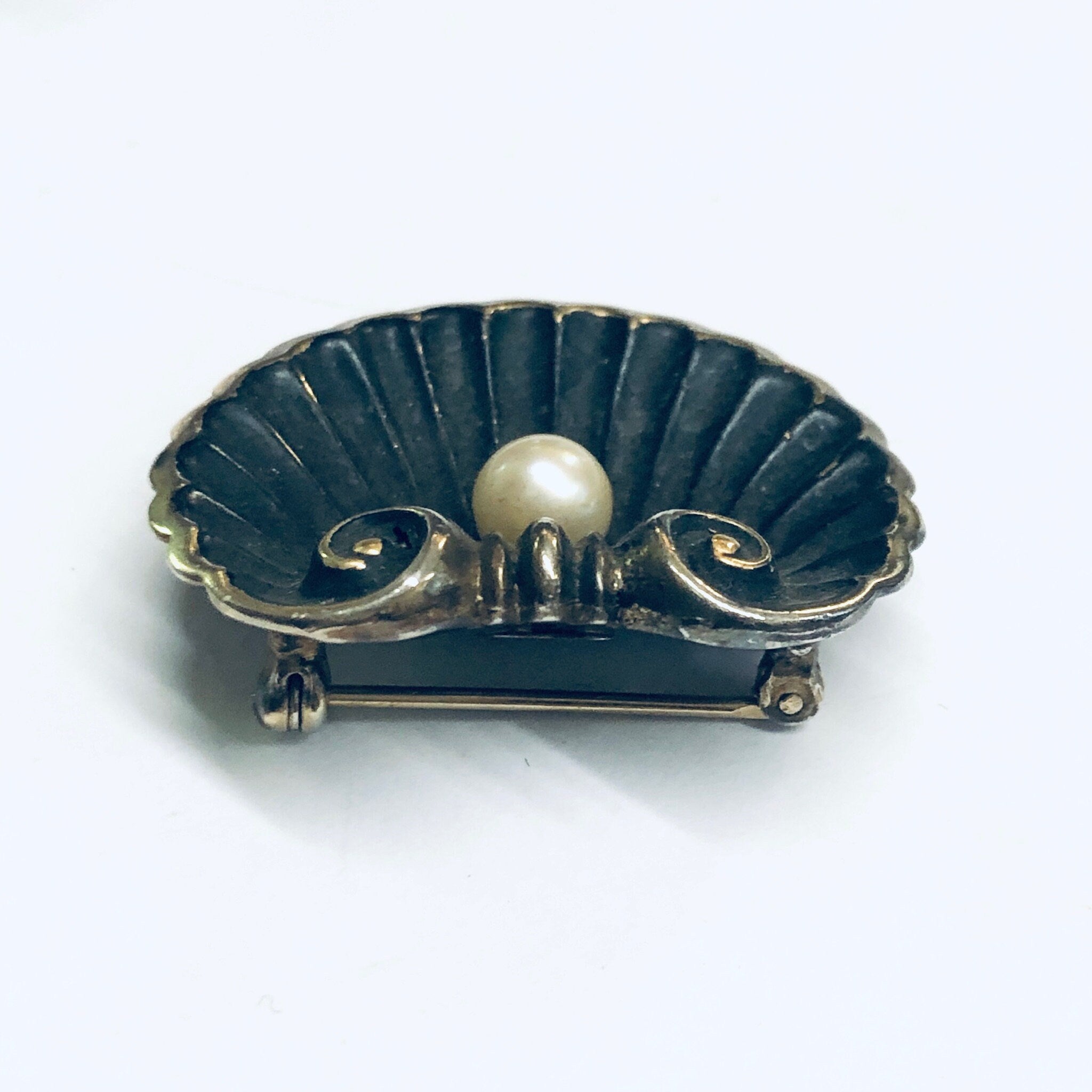 Karen Lynne Sterling Brooch, Karen Lynne Shell Brooch, Art Nouveau Pin, Seashell Brooch, Gold Wash Pin, Pearl Brooch, Matte Black Pin,
