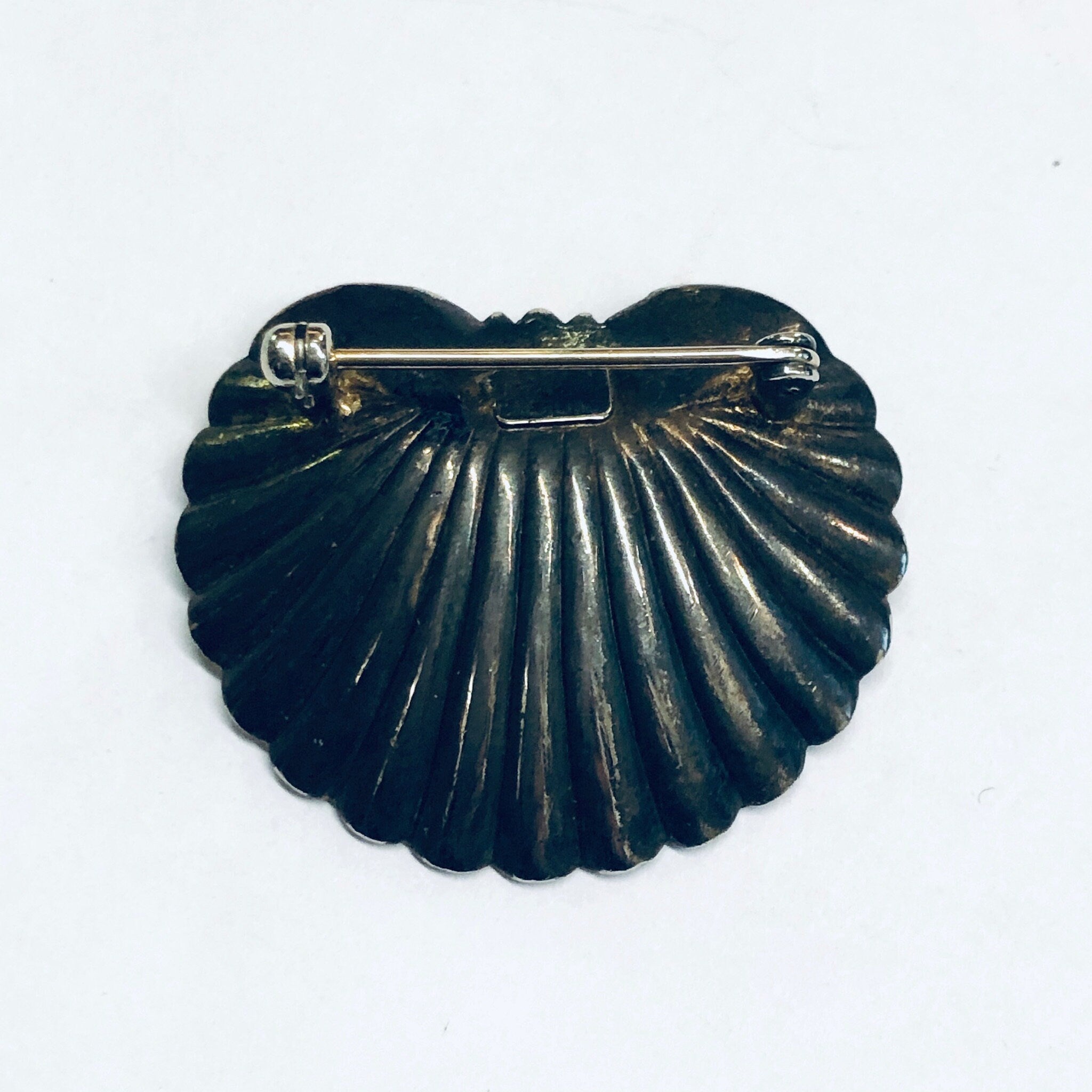 Karen Lynne Sterling Brooch, Karen Lynne Shell Brooch, Art Nouveau Pin, Seashell Brooch, Gold Wash Pin, Pearl Brooch, Matte Black Pin,