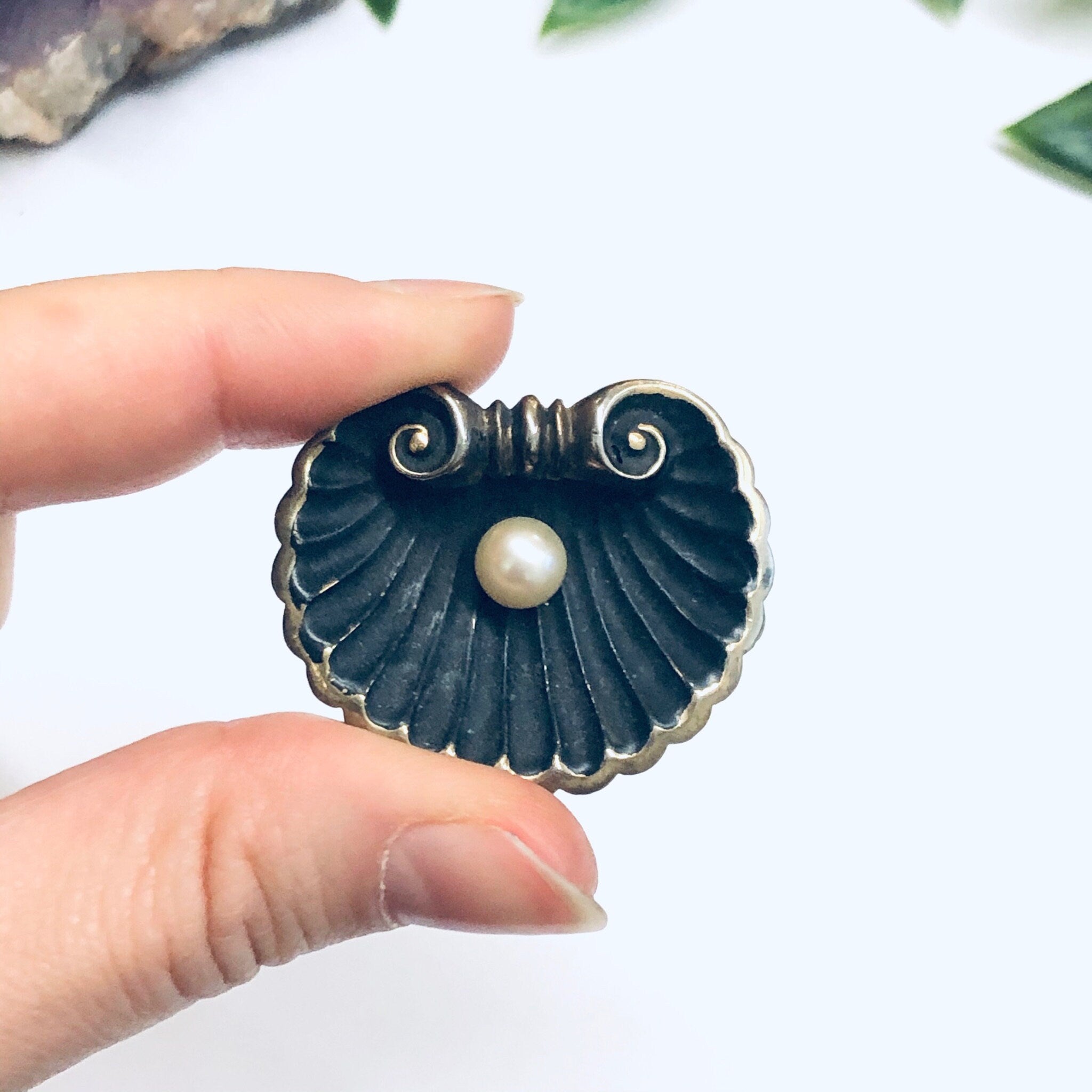 Karen Lynne Sterling Brooch, Karen Lynne Shell Brooch, Art Nouveau Pin, Seashell Brooch, Gold Wash Pin, Pearl Brooch, Matte Black Pin,