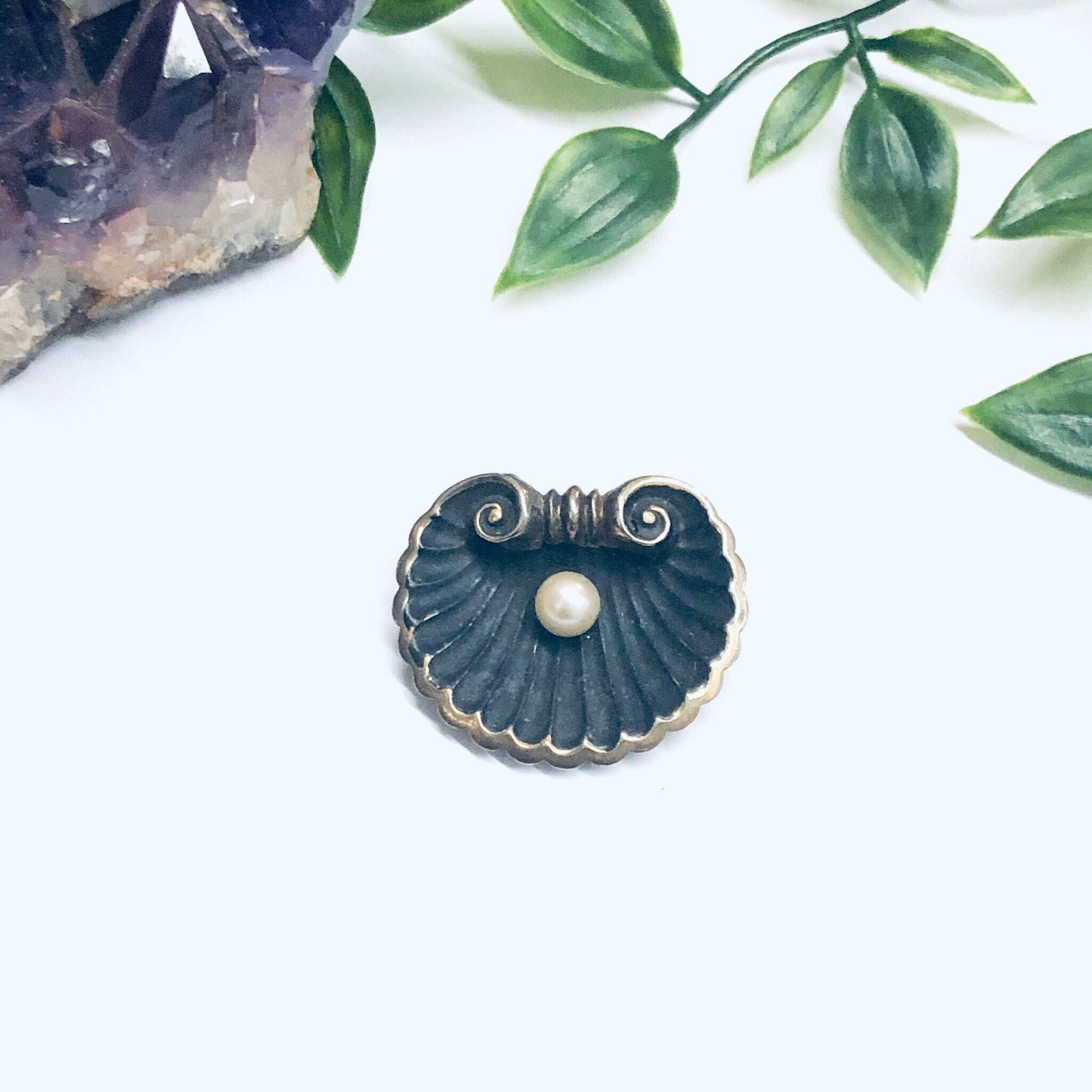 Karen Lynne Sterling Brooch, Karen Lynne Shell Brooch, Art Nouveau Pin, Seashell Brooch, Gold Wash Pin, Pearl Brooch, Matte Black Pin,
