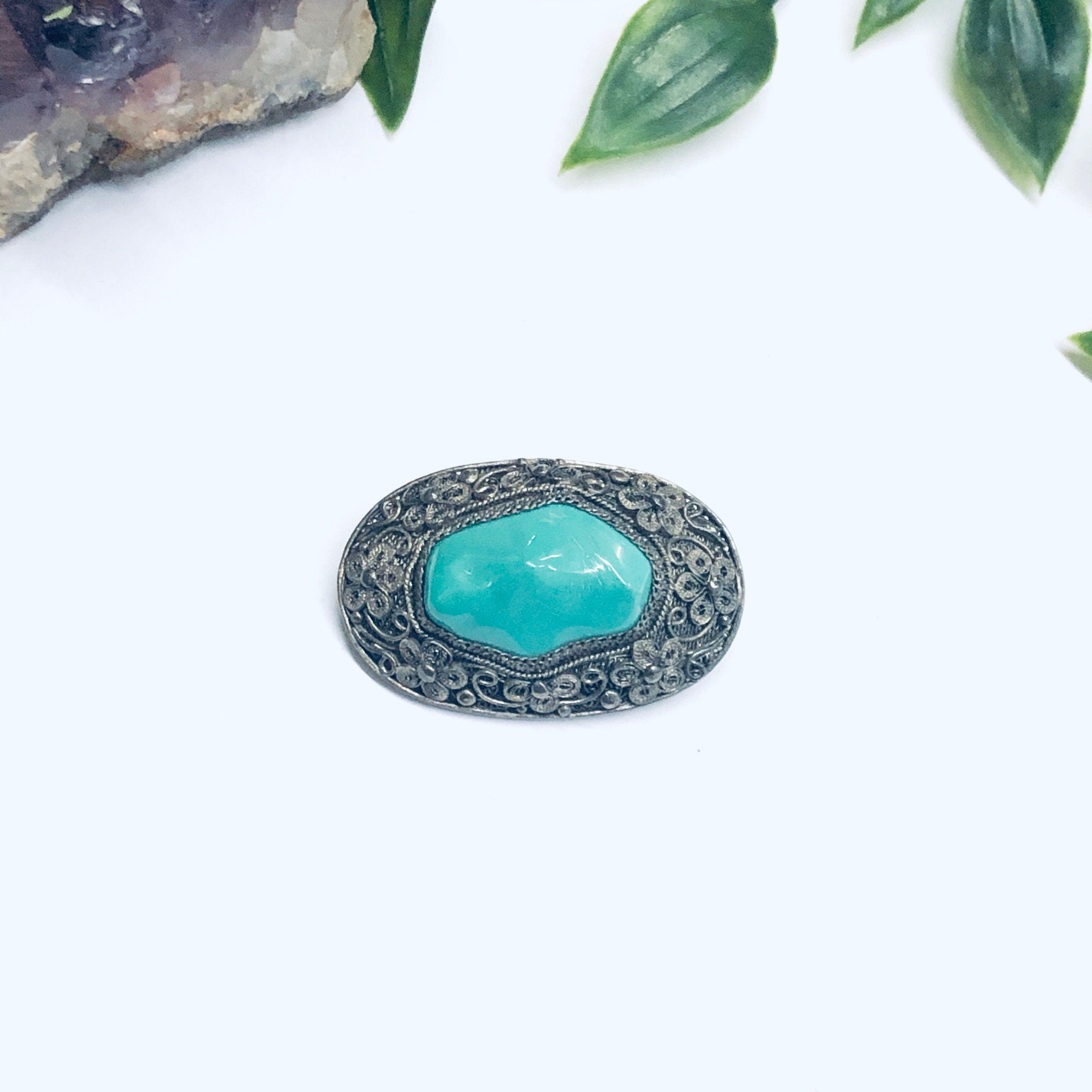 Vintage Floral Design Brooch, Green Stone Brooch, Turquoise Stone Pin, Silver Flower Pin