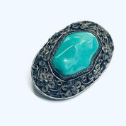 Vintage Floral Design Brooch, Green Stone Brooch, Turquoise Stone Pin, Silver Flower Pin