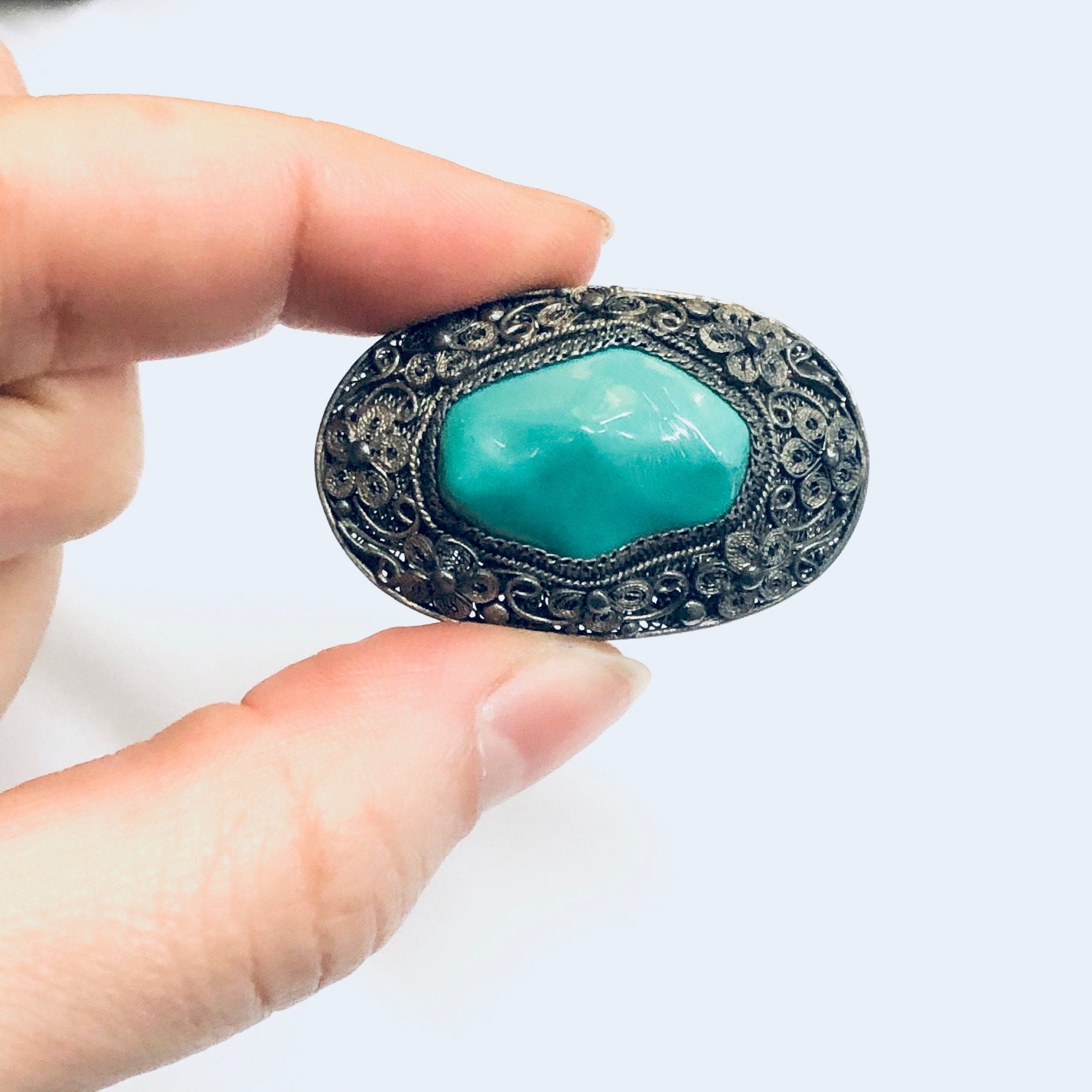 Vintage Floral Design Brooch, Green Stone Brooch, Turquoise Stone Pin, Silver Flower Pin