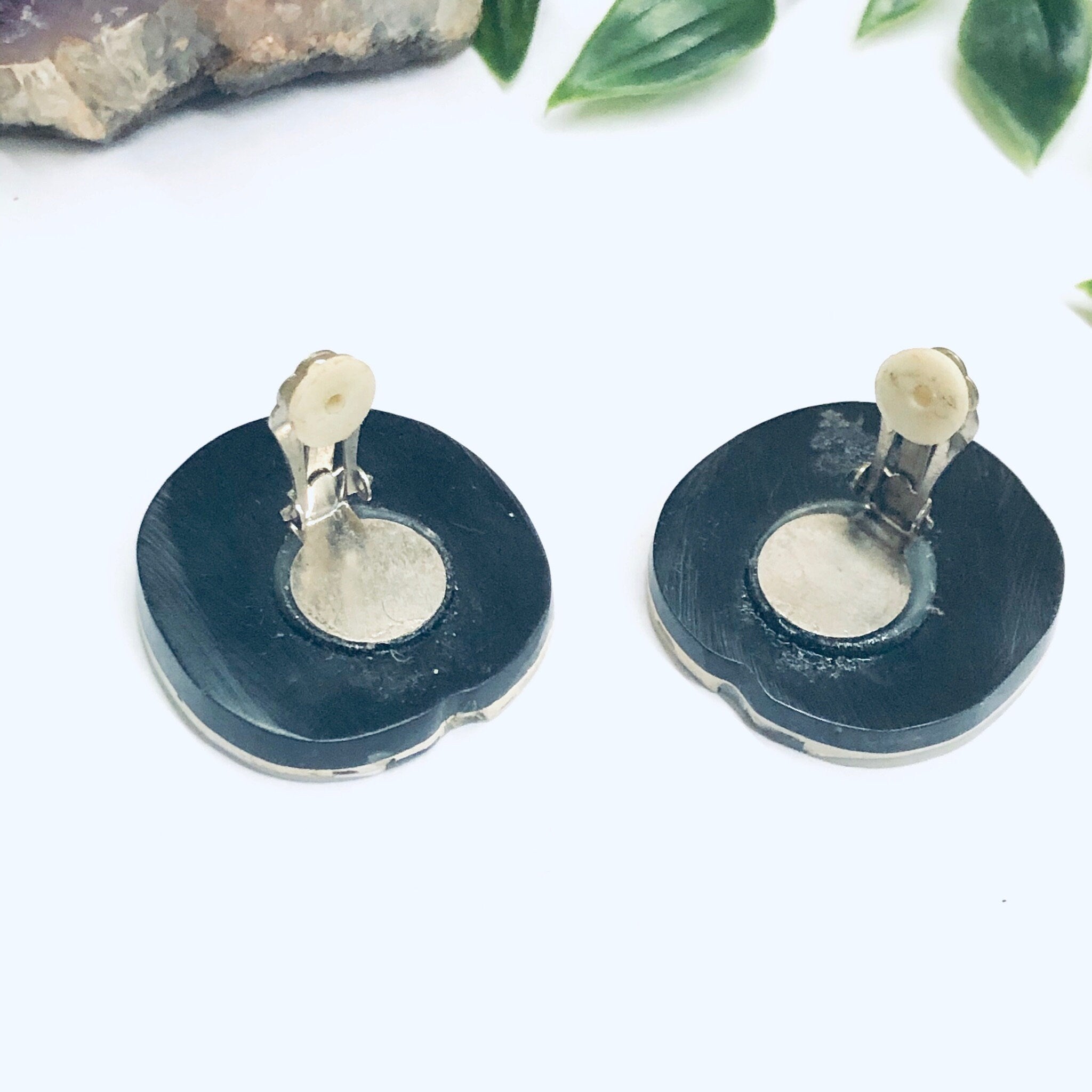 Abalone Clip On Earrings, Shell Earrings, Vintage Shell Jewelry, Mother of Pearl Earrings, Abstract Jewelry