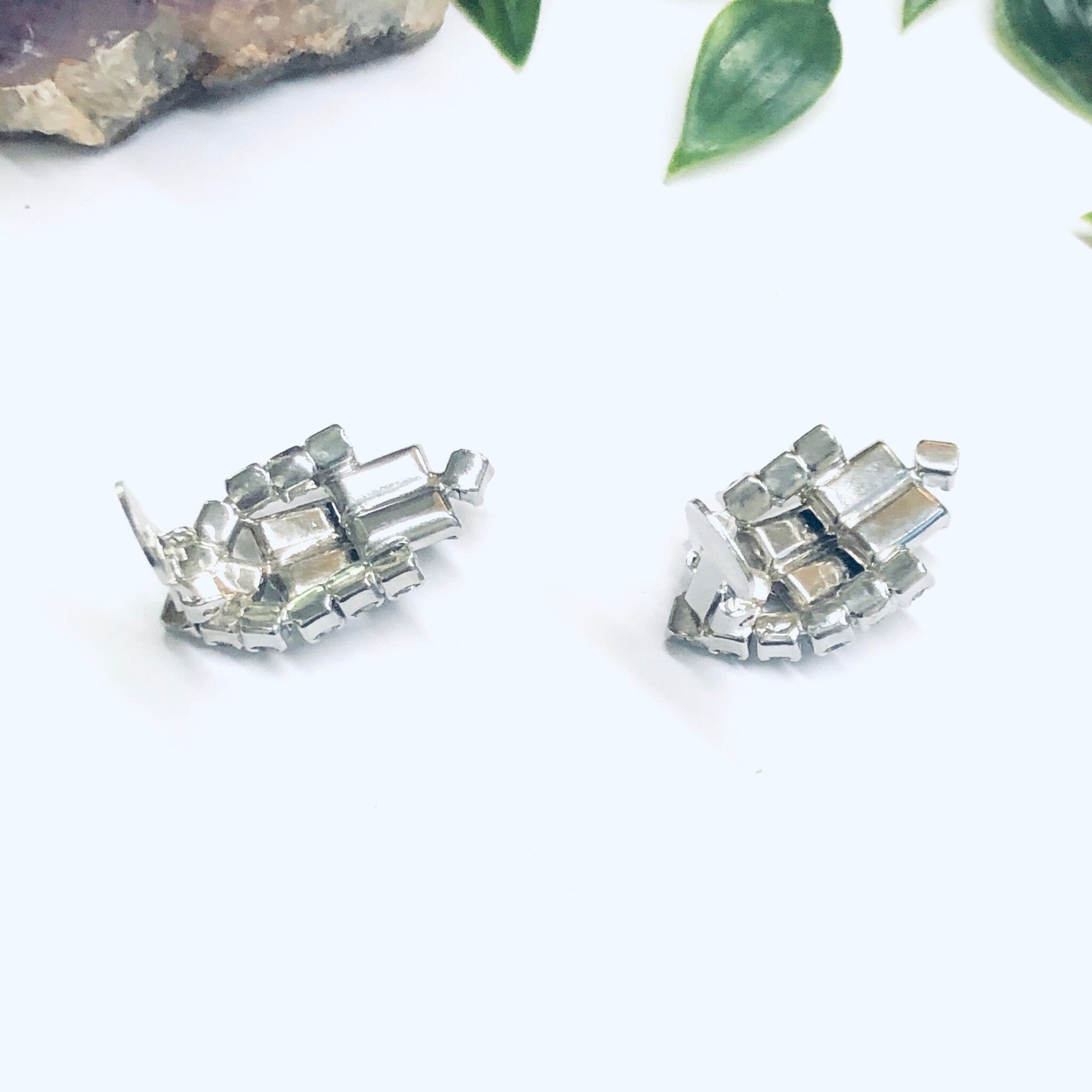 Rhinestone Clip On Earrings, Black Rhinestone Earrings, Retro Earrings, Black and Silver Earrings