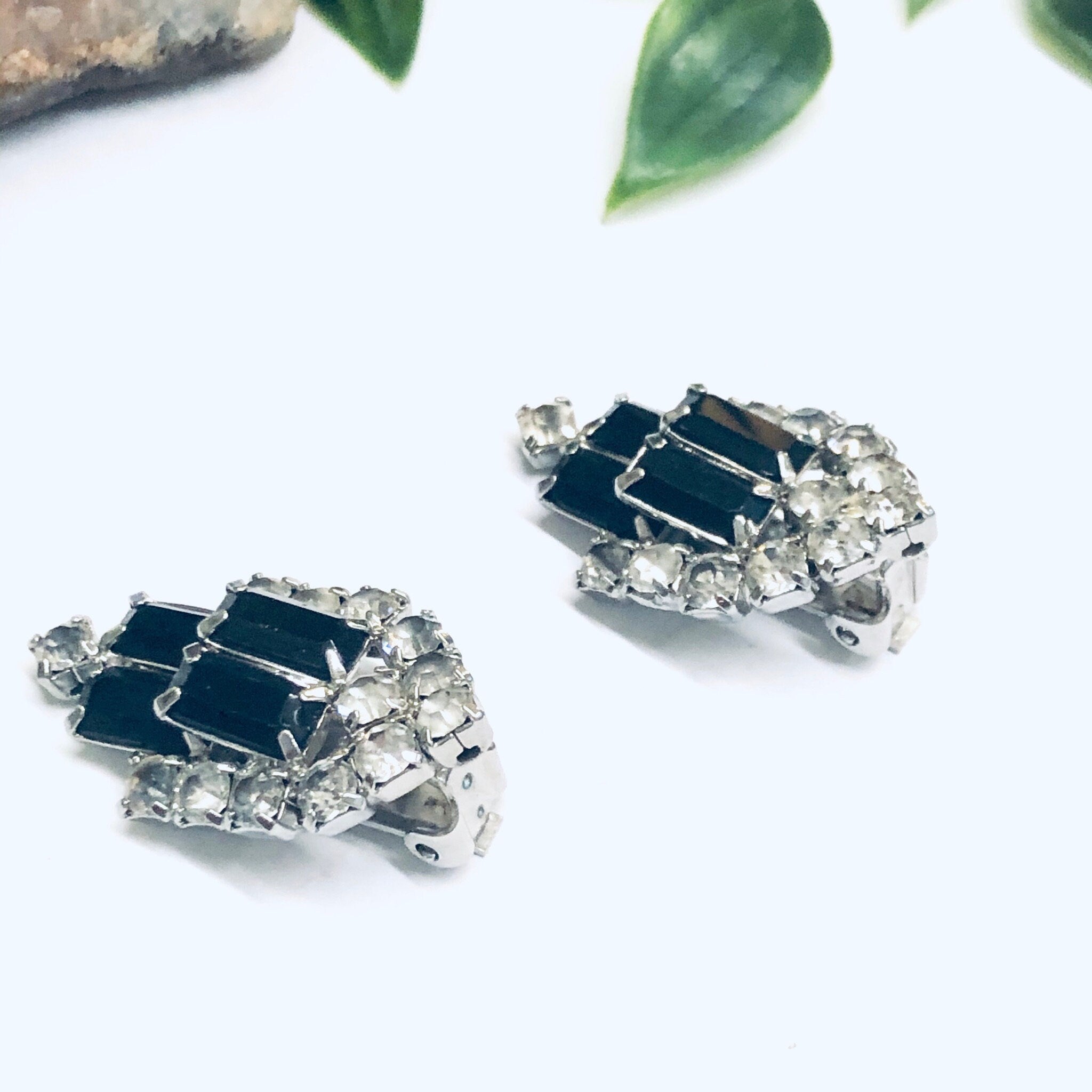 Rhinestone Clip On Earrings, Black Rhinestone Earrings, Retro Earrings, Black and Silver Earrings