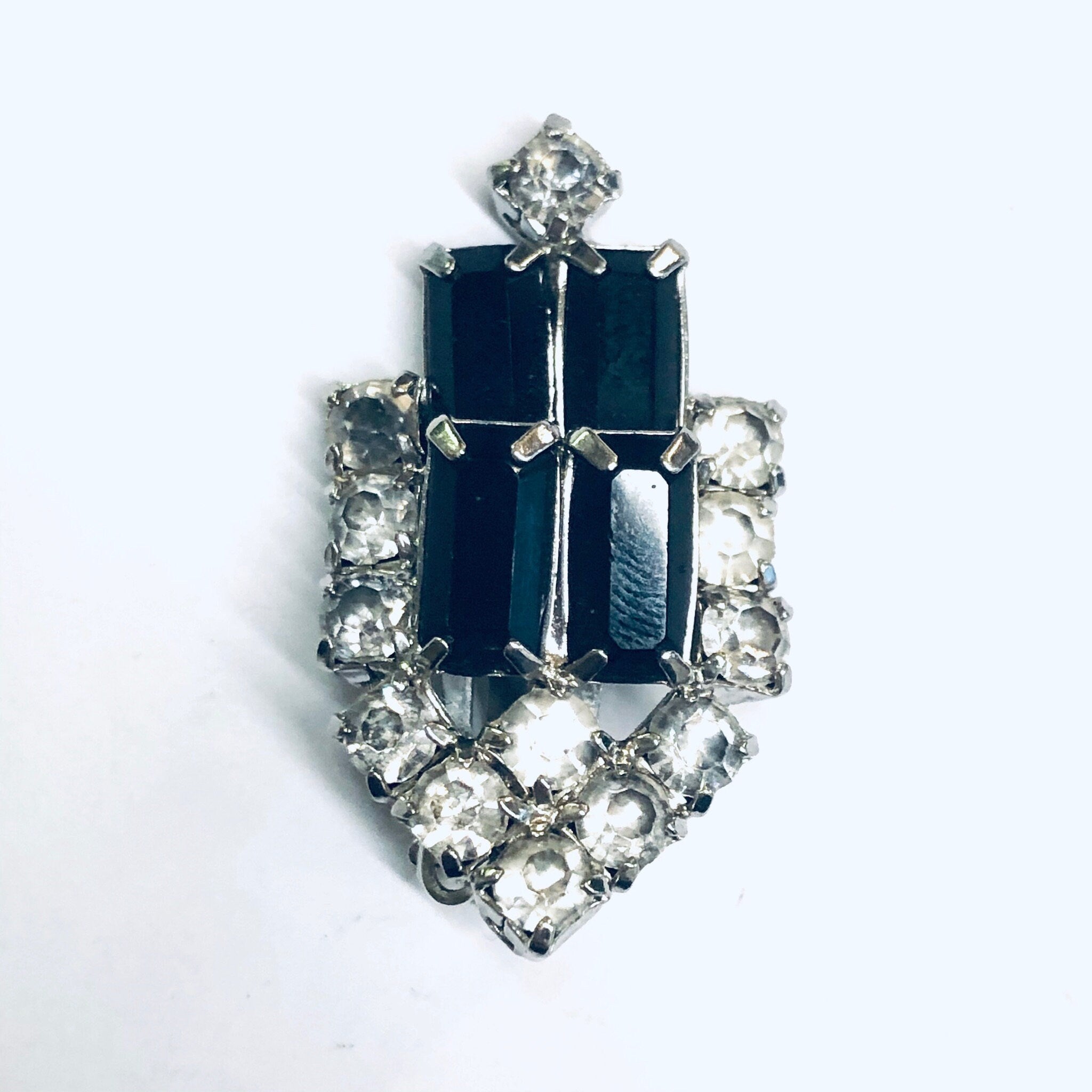 Rhinestone Clip On Earrings, Black Rhinestone Earrings, Retro Earrings, Black and Silver Earrings