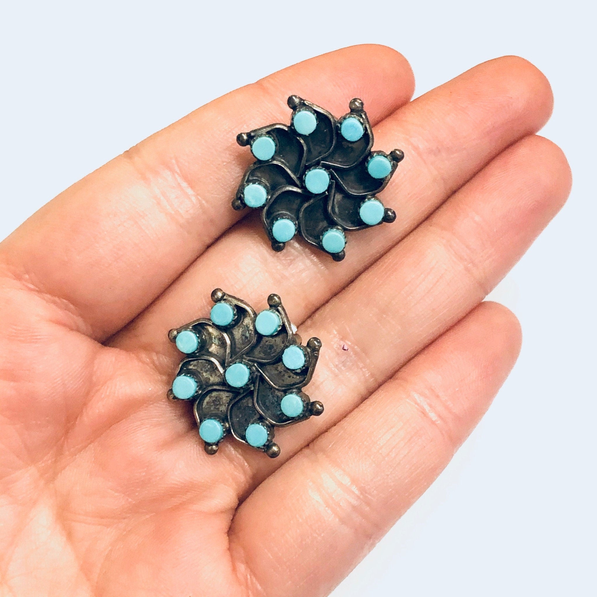 Turquoise Clip On Earrings, Star Shaped Earrings, Silver and Turquoise Earrings, Vintage Clip Ons