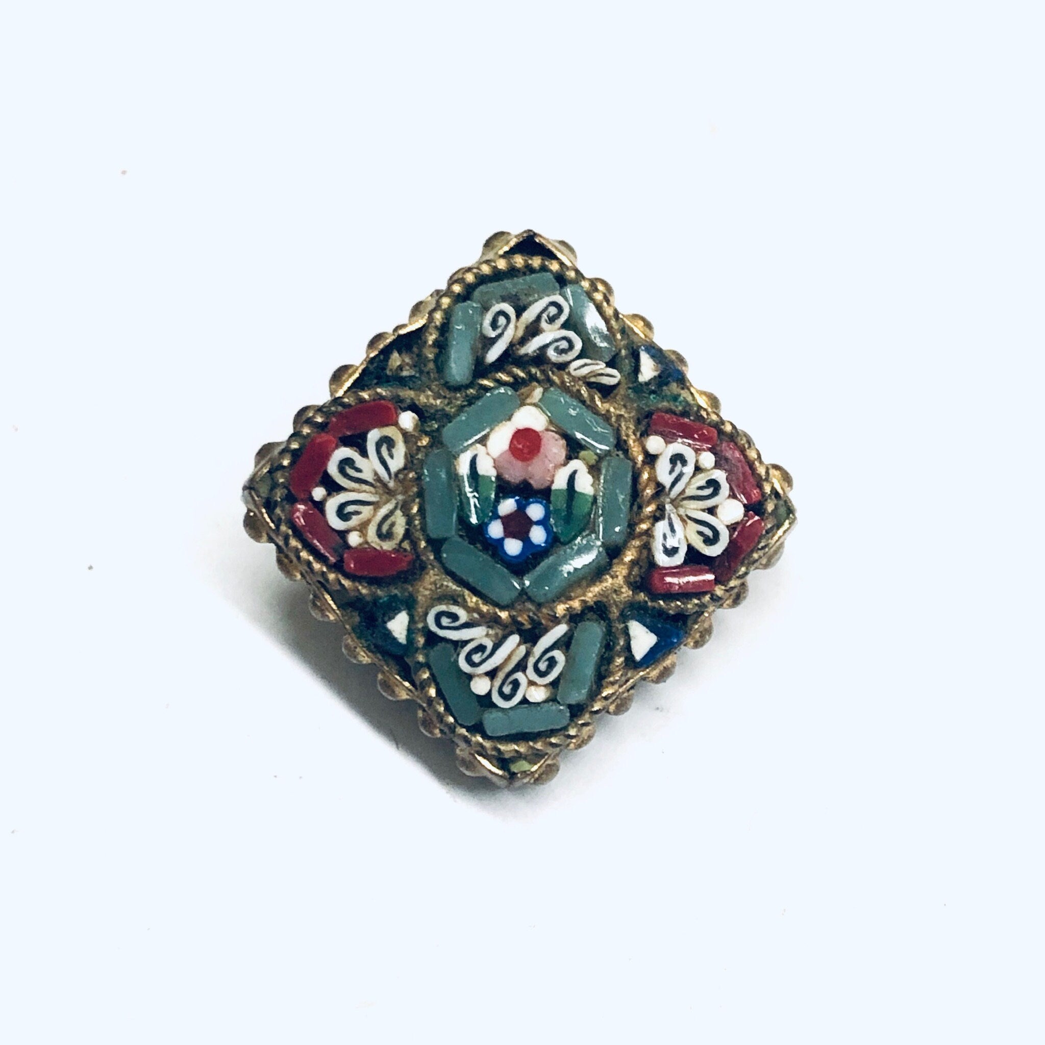 Millefiori Clip On Earrings, Mosaic Earrings, Gold Toned Earrings, Floral Design Jewelry, Red and Green Earrings