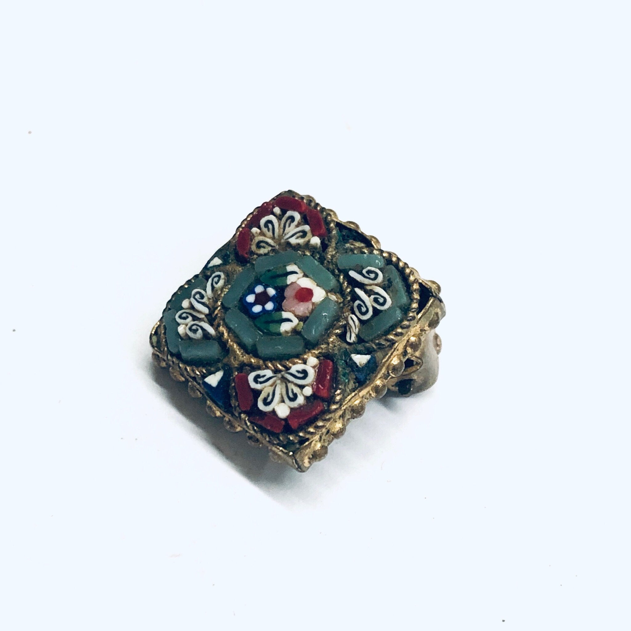 Millefiori Clip On Earrings, Mosaic Earrings, Gold Toned Earrings, Floral Design Jewelry, Red and Green Earrings