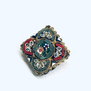Millefiori Clip On Earrings, Mosaic Earrings, Gold Toned Earrings, Floral Design Jewelry, Red and Green Earrings