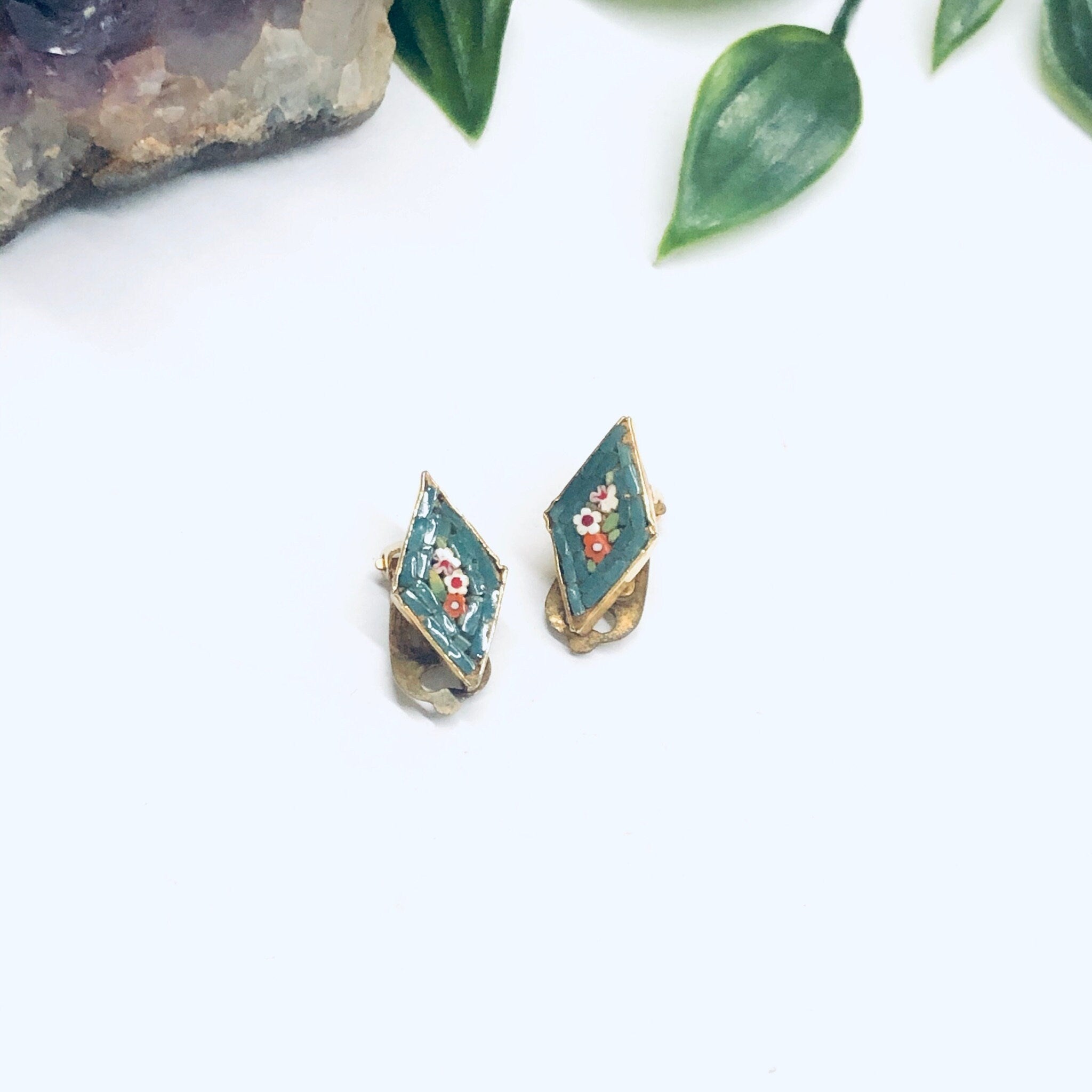 Millefiori Clip On Earrings, Floral Millefiori Jewelry, Green Mosaic Earrings, Vintage Flower Earrings