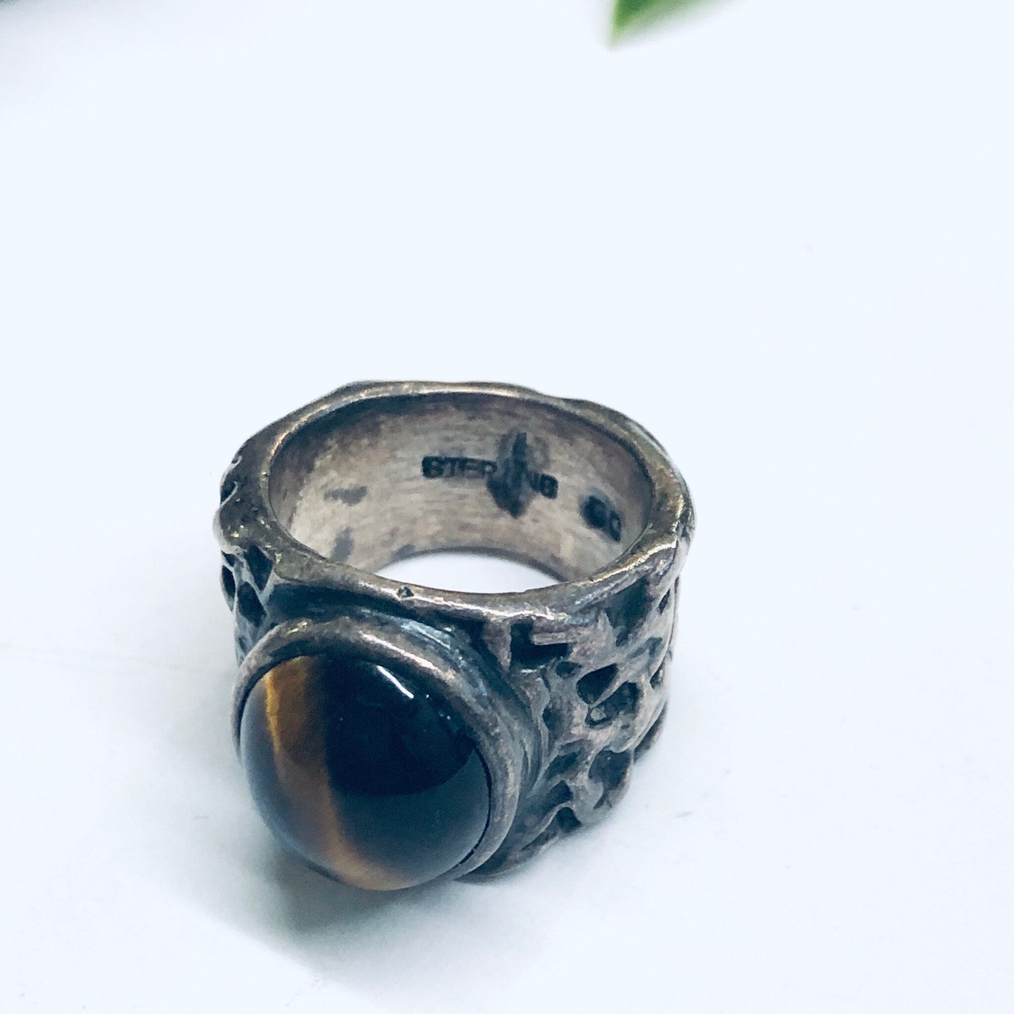 Vintage Tigers Eye Ring, Tigers Eye Jewelry, Thick Band Ring, Brown Gemstone Ring, Gemini Birthstone Ring