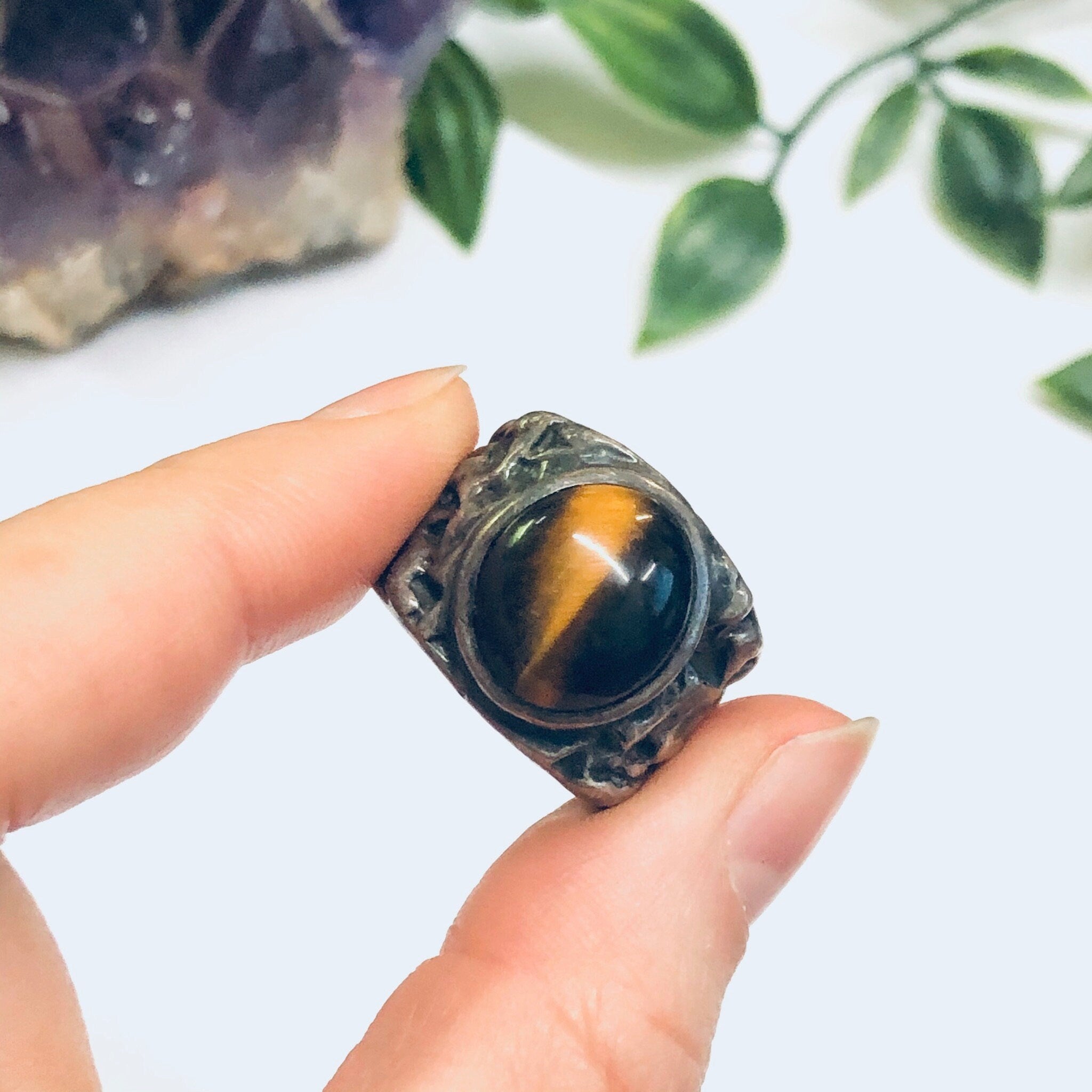 Vintage Tigers Eye Ring, Tigers Eye Jewelry, Thick Band Ring, Brown Gemstone Ring, Gemini Birthstone Ring