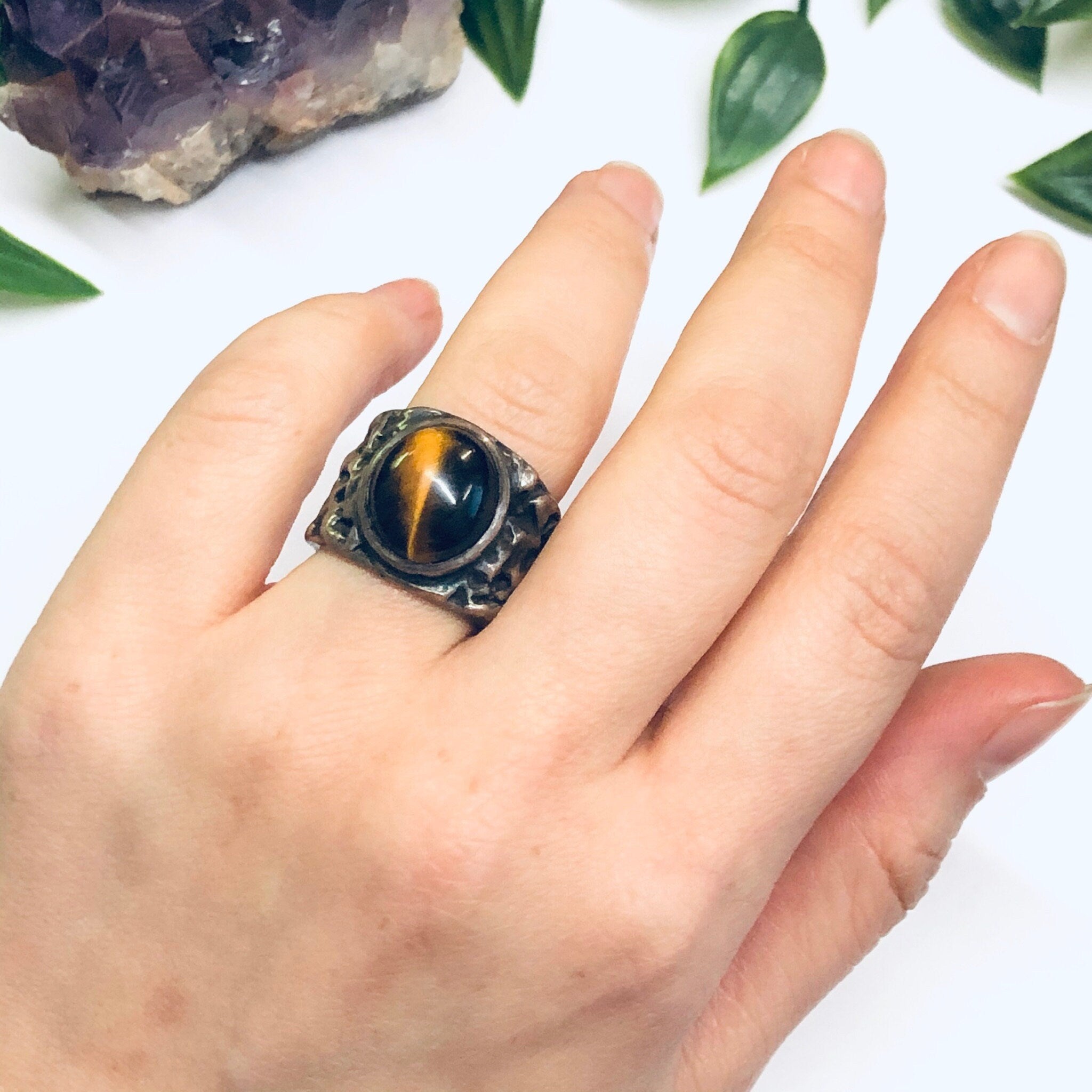 Vintage Tigers Eye Ring, Tigers Eye Jewelry, Thick Band Ring, Brown Gemstone Ring, Gemini Birthstone Ring