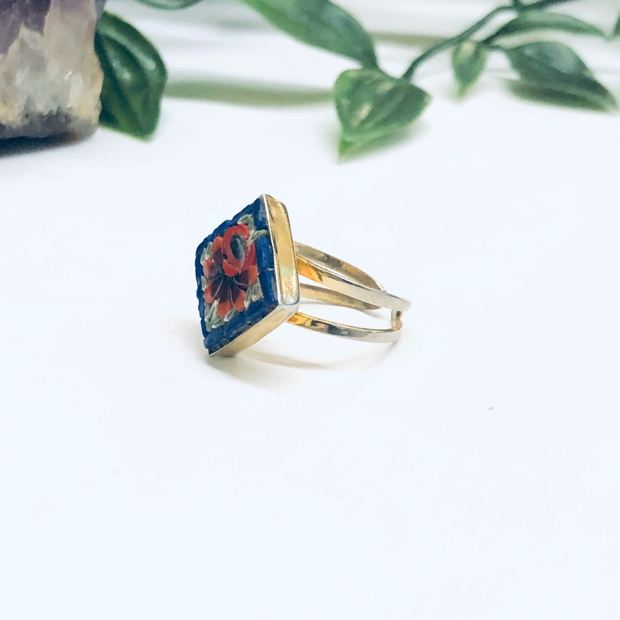 Millefiori Ring, Mosaic Ring, Gold Toned Ring, Flower Jewelry, Floral Design Ring, Red Flower Ring, Made in Italy, Adjustable Ring