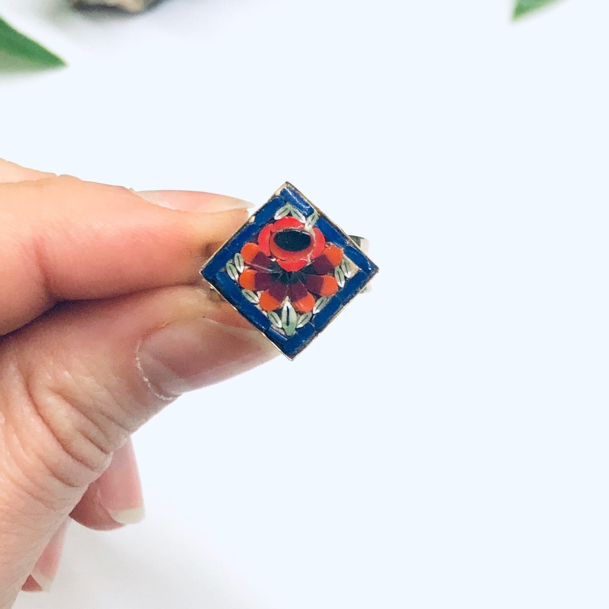 Millefiori Ring, Mosaic Ring, Gold Toned Ring, Flower Jewelry, Floral Design Ring, Red Flower Ring, Made in Italy, Adjustable Ring