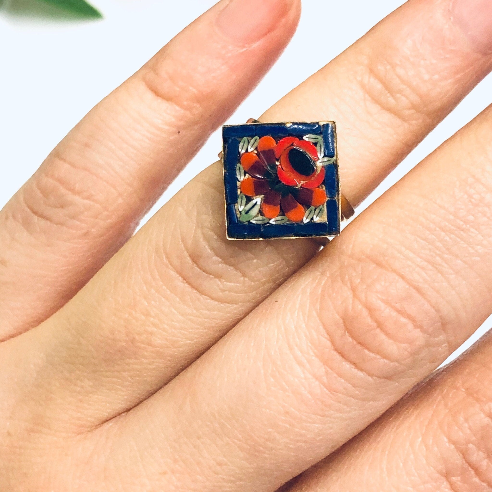 Millefiori Ring, Mosaic Ring, Gold Toned Ring, Flower Jewelry, Floral Design Ring, Red Flower Ring, Made in Italy, Adjustable Ring