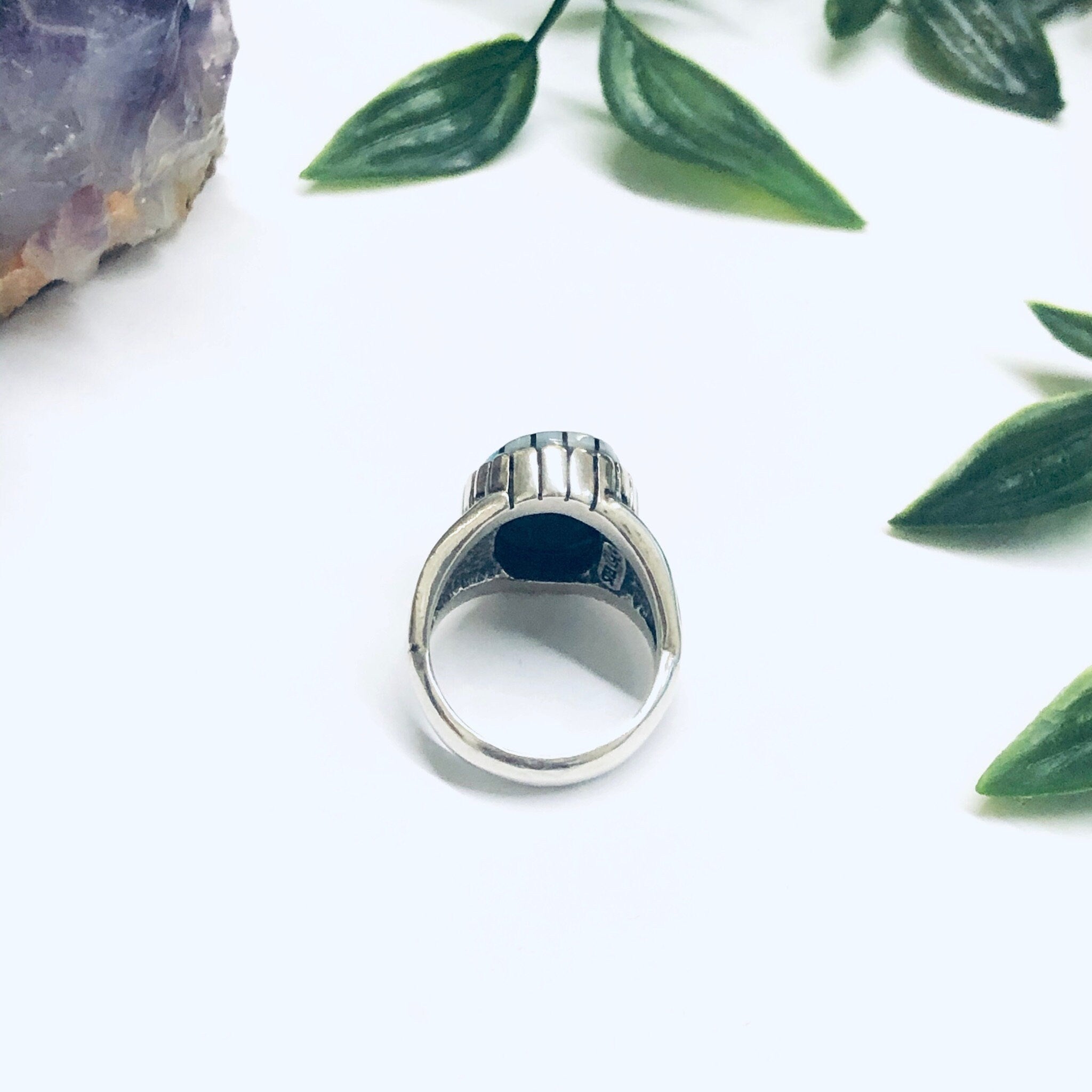 Southwestern Silver Ring with Inlaid Stones, Silver Turquoise Ring, Mother of Pearl Jewelry, Vintage Turquoise Jewelry, Signed Silver Ring