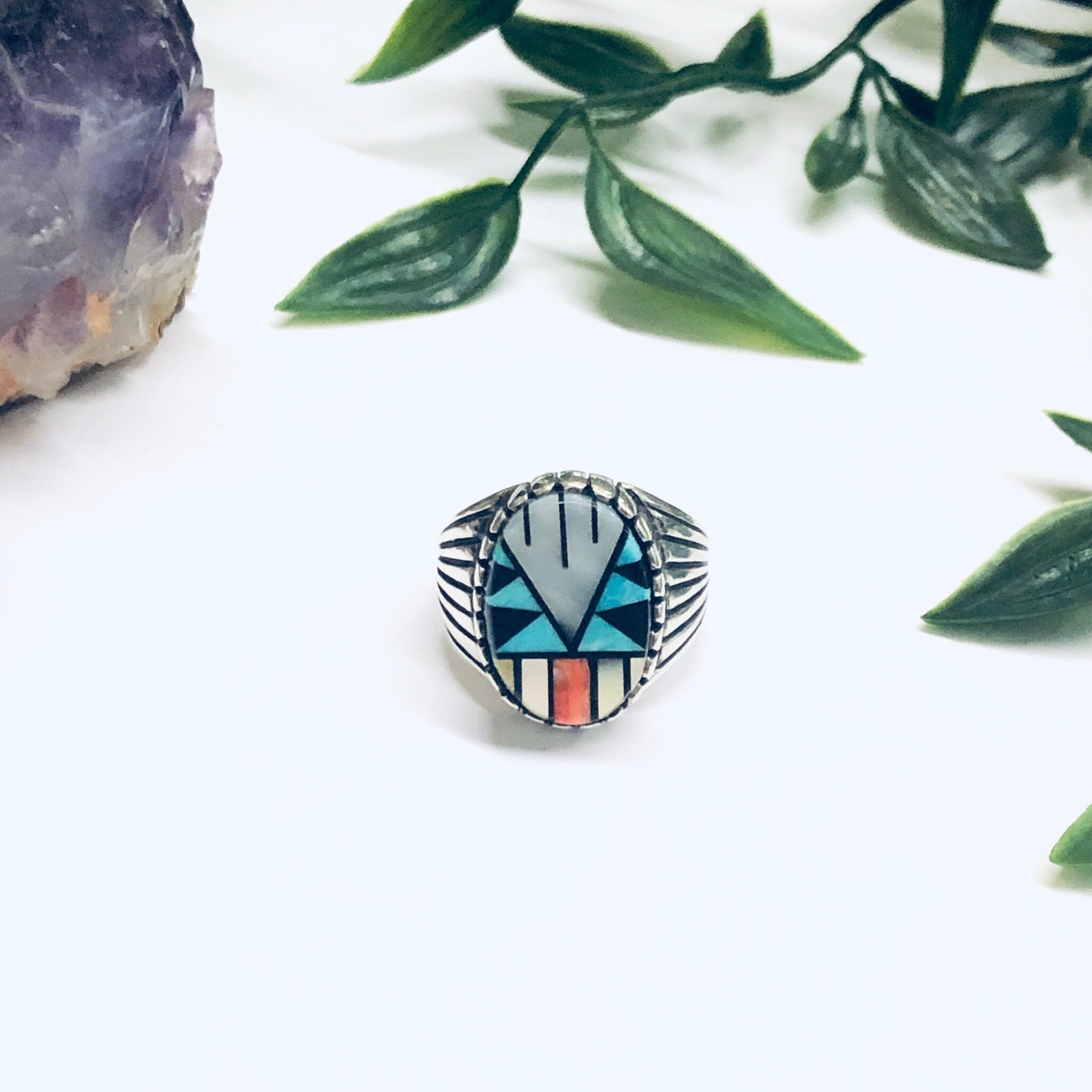 Southwestern Silver Ring with Inlaid Stones, Silver Turquoise Ring, Mother of Pearl Jewelry, Vintage Turquoise Jewelry, Signed Silver Ring