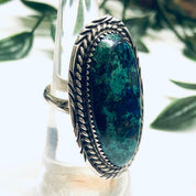 Navajo Signed Billie Eagle Ring, Silver Chrysocolla Ring, Large Statement Ring, Blue and Green Cabochon Stone