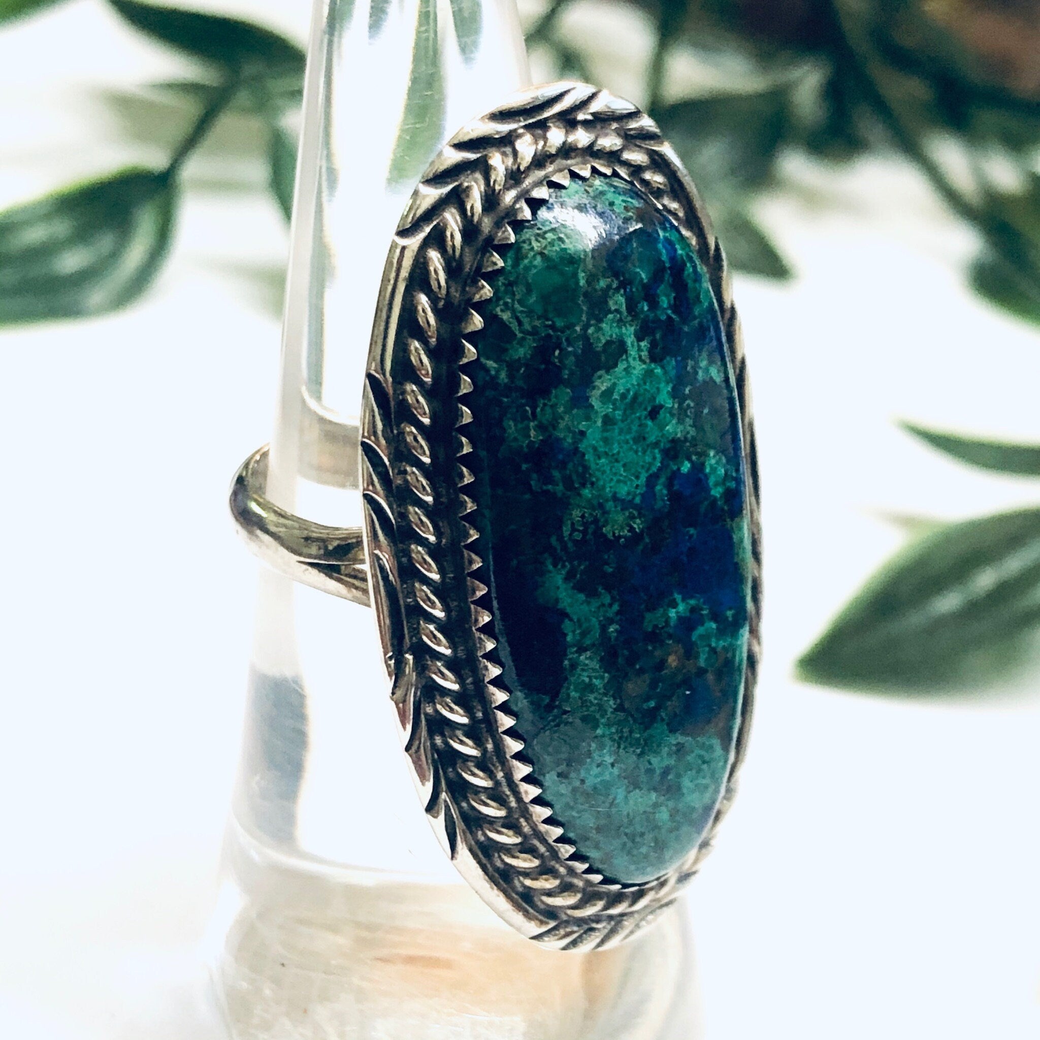 Navajo Signed Billie Eagle Ring, Silver Chrysocolla Ring, Large Statement Ring, Blue and Green Cabochon Stone