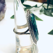 Navajo Signed Billie Eagle Ring, Silver Chrysocolla Ring, Large Statement Ring, Blue and Green Cabochon Stone
