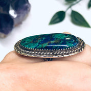Navajo Signed Billie Eagle Ring, Silver Chrysocolla Ring, Large Statement Ring, Blue and Green Cabochon Stone