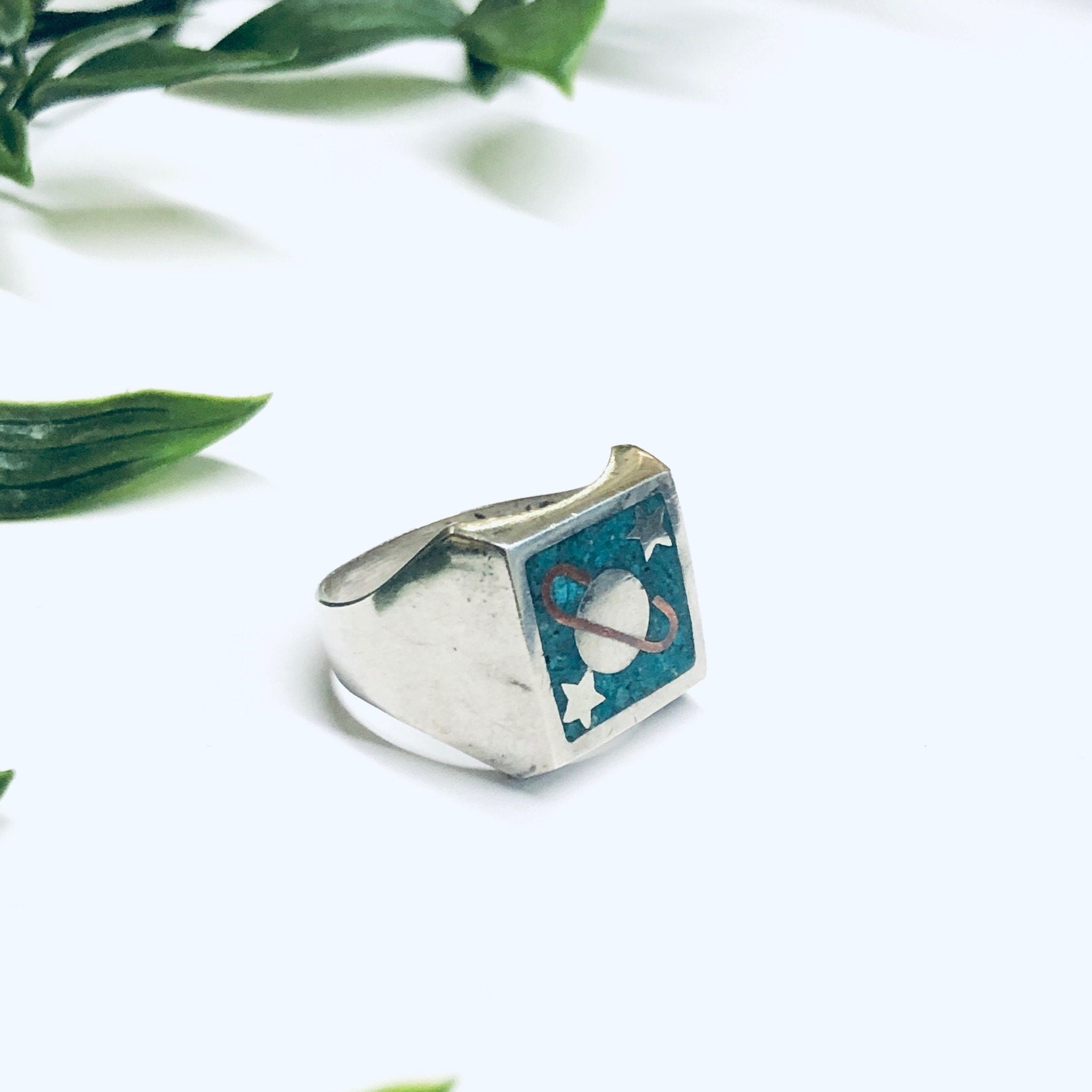Vintage Silver Ring with Saturn, Turquoise Inlay Ring, Planet Jewelry, Space Jewelry, Blue and Silver Ring, Solar System Ring, Star Ring