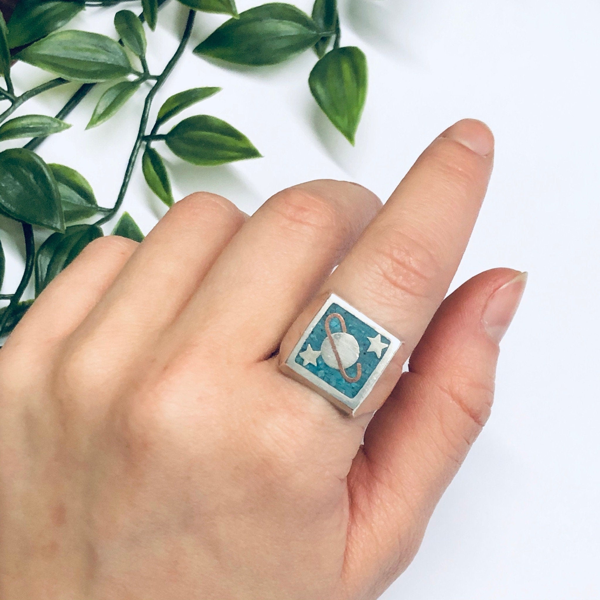 Vintage Silver Ring with Saturn, Turquoise Inlay Ring, Planet Jewelry, Space Jewelry, Blue and Silver Ring, Solar System Ring, Star Ring