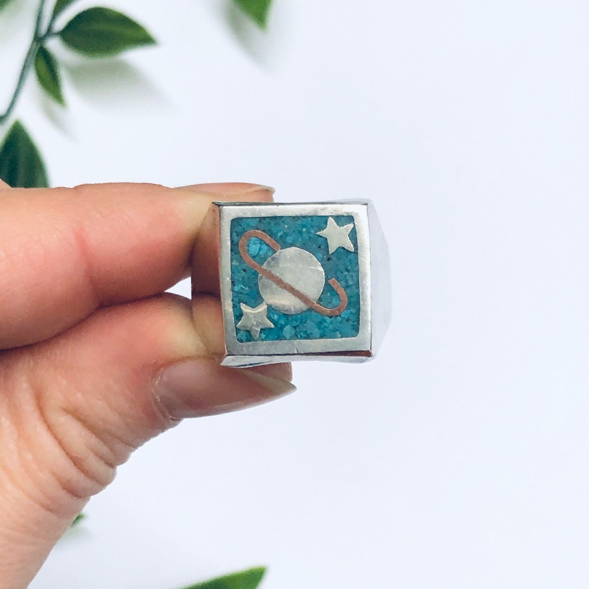 Vintage Silver Ring with Saturn, Turquoise Inlay Ring, Planet Jewelry, Space Jewelry, Blue and Silver Ring, Solar System Ring, Star Ring