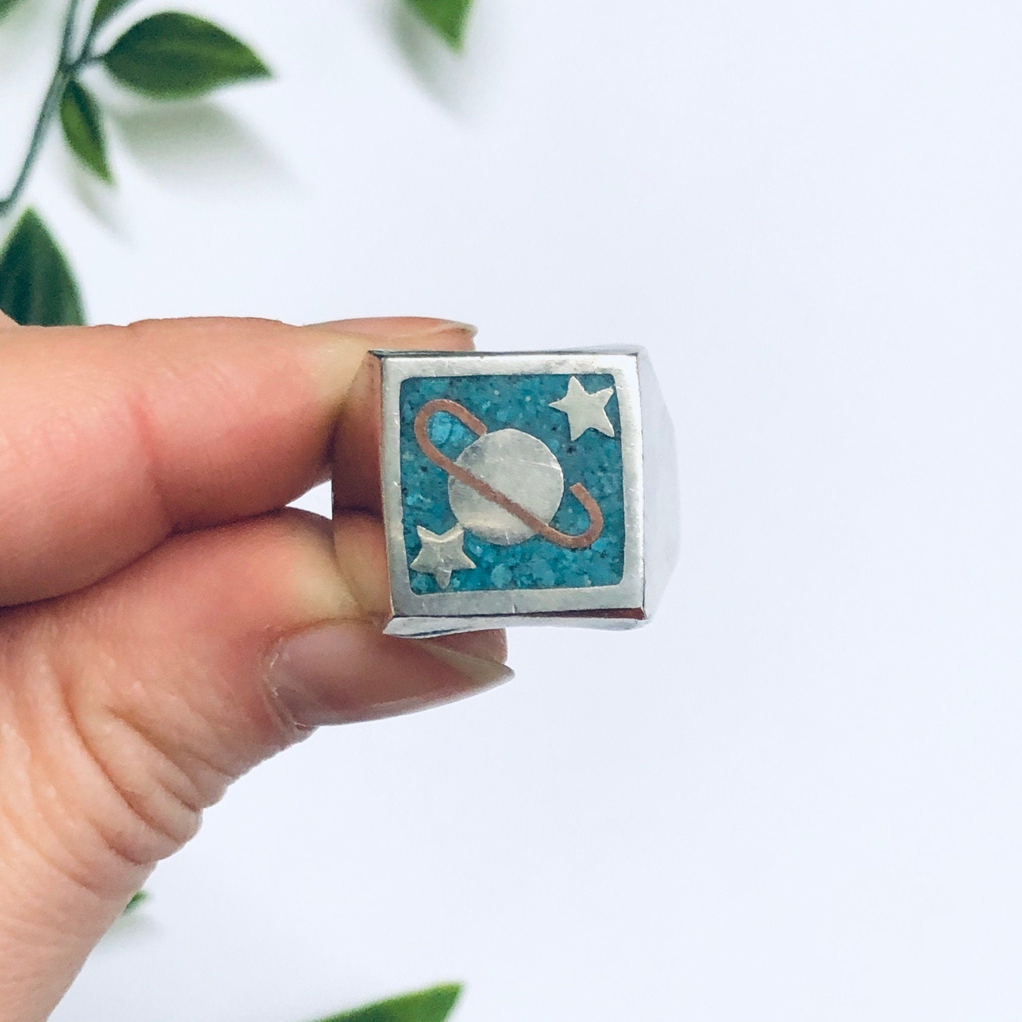 Vintage Silver Ring with Saturn, Turquoise Inlay Ring, Planet Jewelry, Space Jewelry, Blue and Silver Ring, Solar System Ring, Star Ring