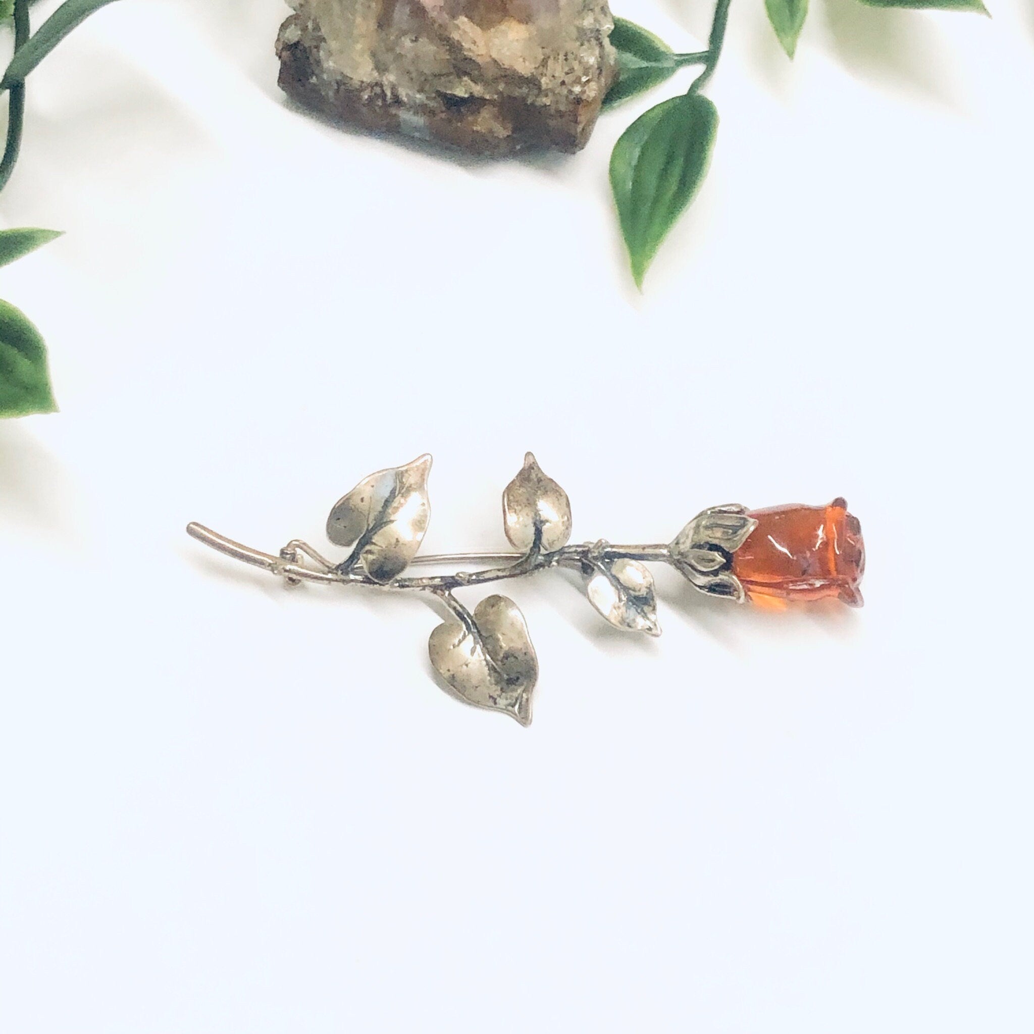 Amber Rose Brooch, Floral Amber Pin, Orange Amber Jewelry, Vintage Silver Brooch, Silver Flower Pin, Rose Jewelry