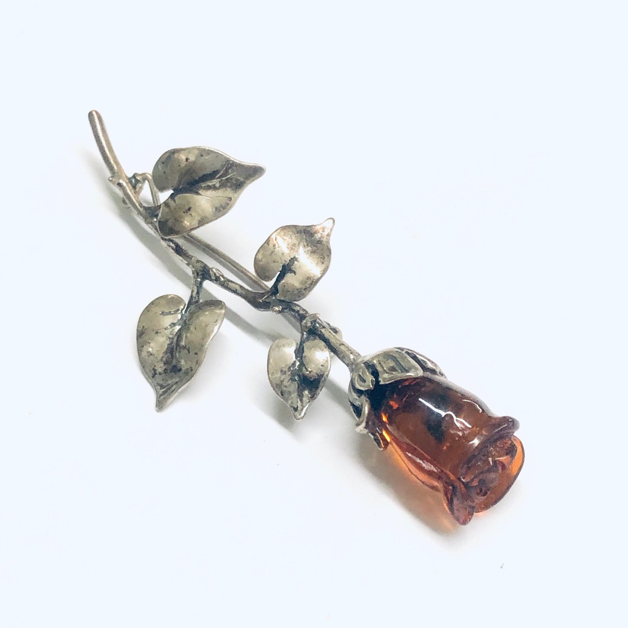 Amber Rose Brooch, Floral Amber Pin, Orange Amber Jewelry, Vintage Silver Brooch, Silver Flower Pin, Rose Jewelry