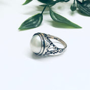 Silver Pearl Ring, Large Pearl Jewelry, Thailand Ring, Vintage Silver Ring, Swirl Design Jewelry, US Size 7 Ring