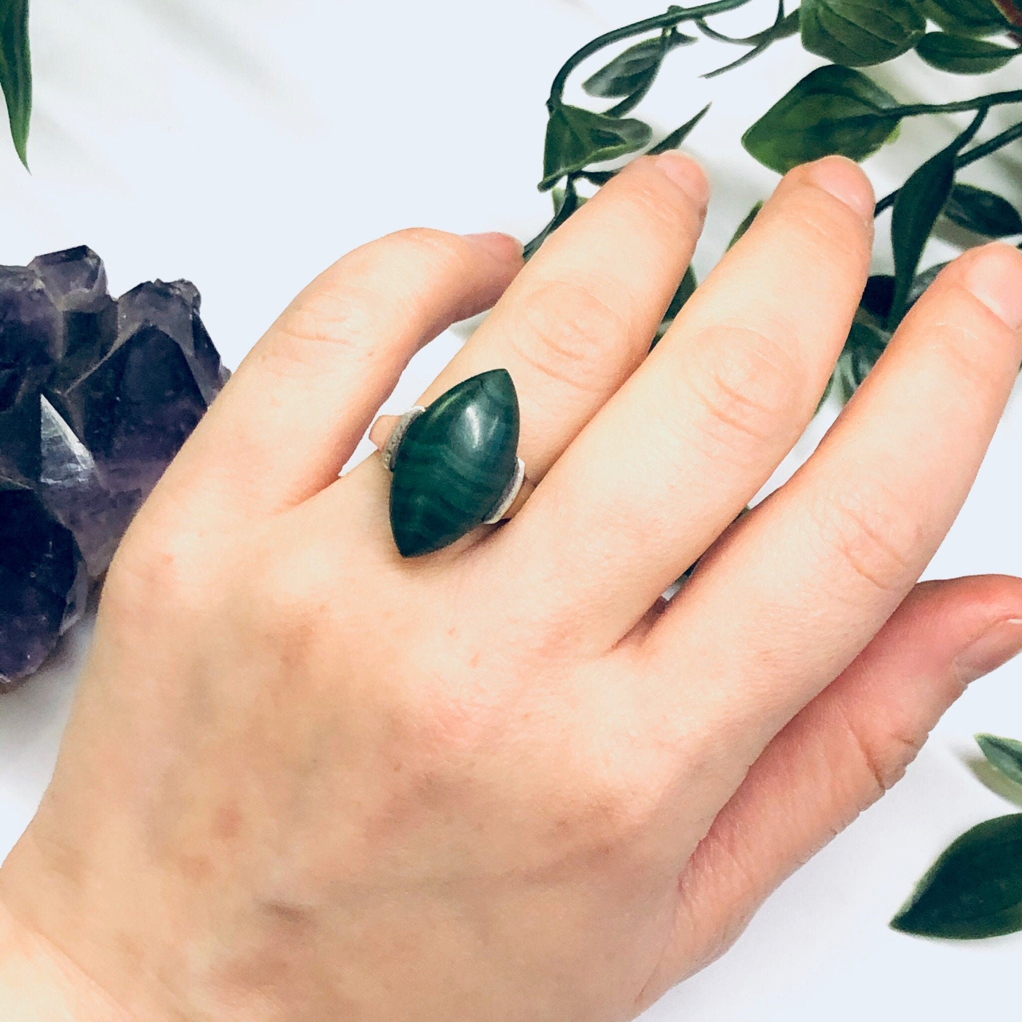 Simple Malachite Ring, Vintage Silver Ring, Malachite Jewelry, Green and Silver Ring, US Size 7 Ring, Anniversary Gift