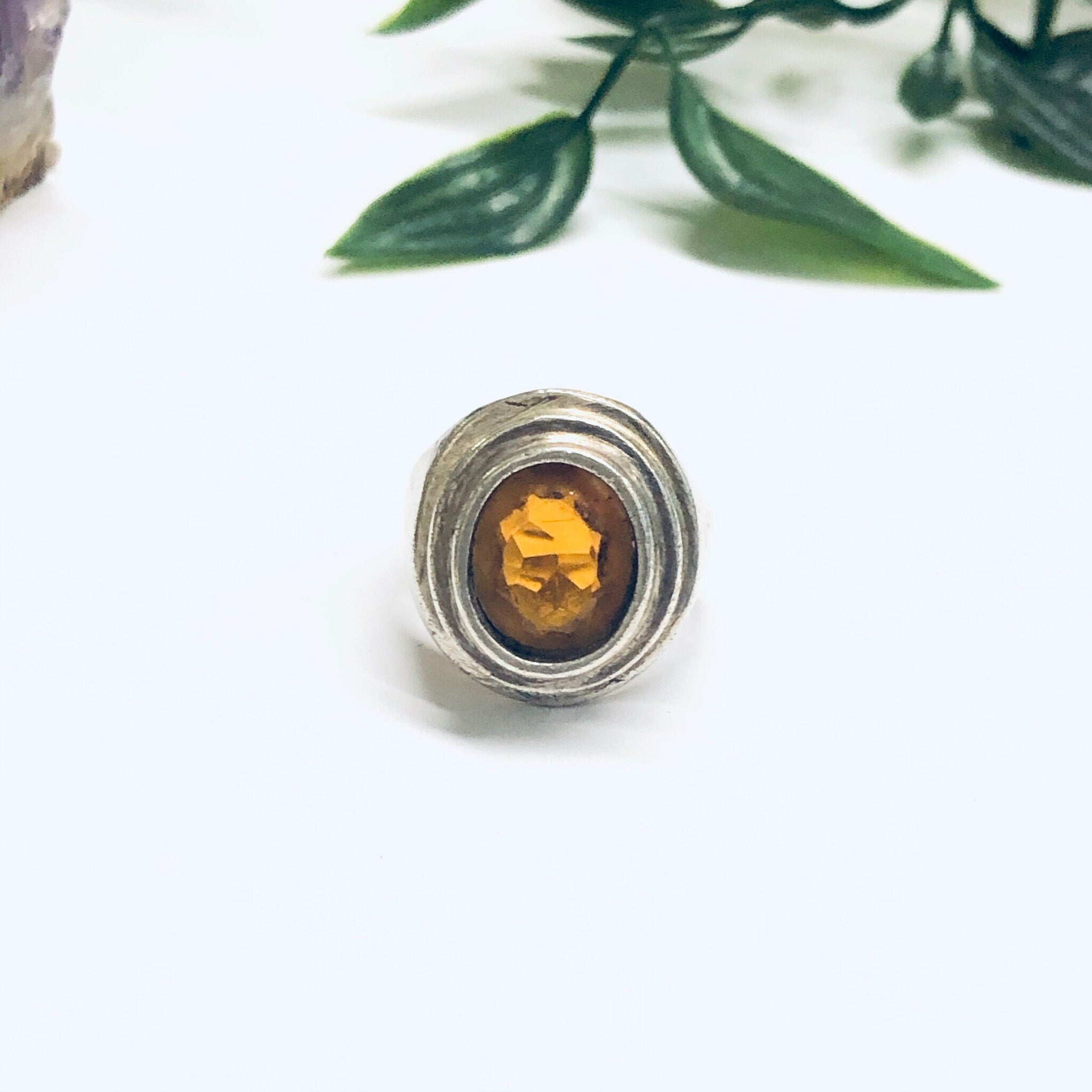 Silver Ring with Orange Gemstone, Vintage Topaz Ring, Citrine Jewelry, US Size 7.5 Ring, Anniversary Gift