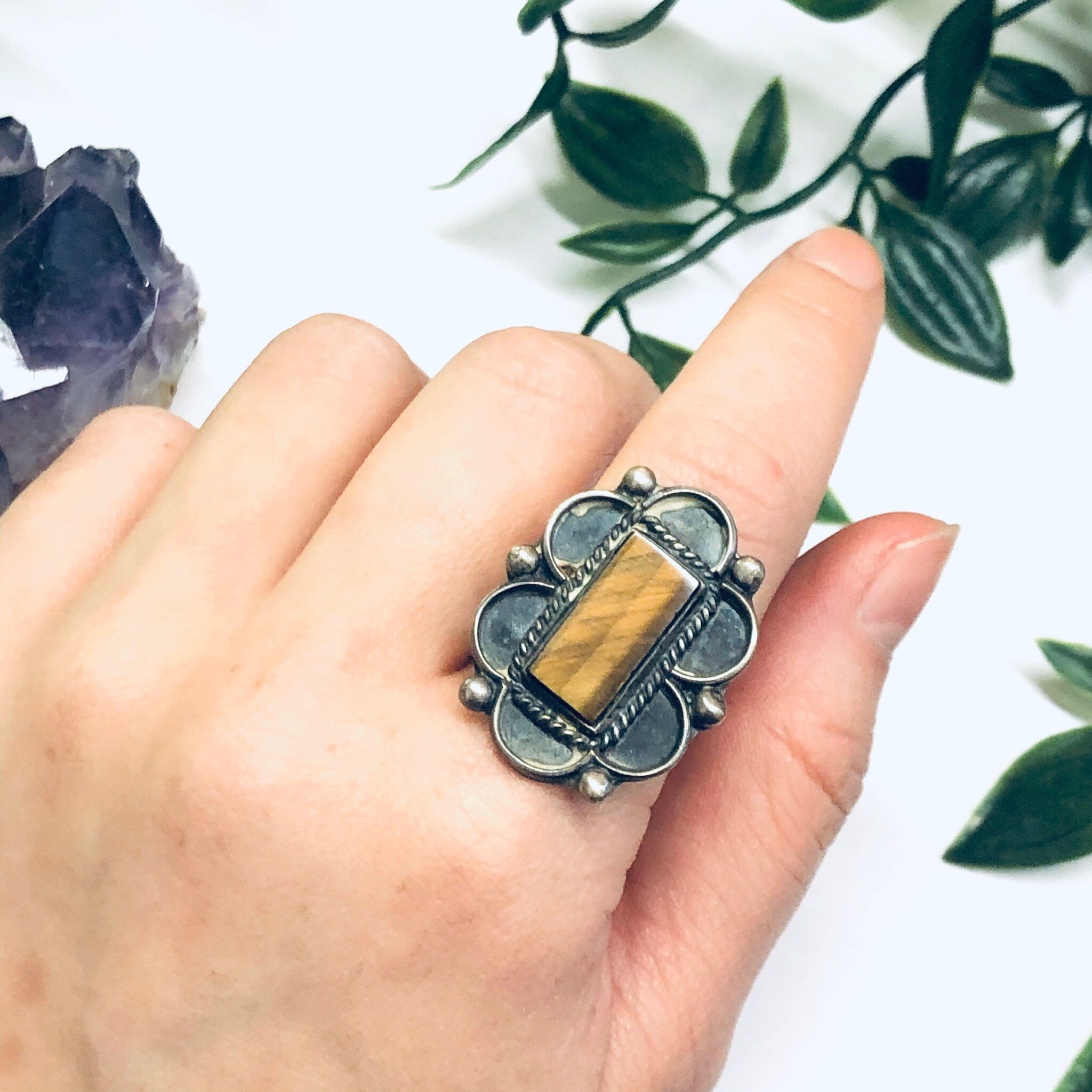 Vintage Tigers Eye Ring, Silver and Tigers Eye Ring, Tigers Eye Jewelry, Gemini Birthstone, Large Statement Ring