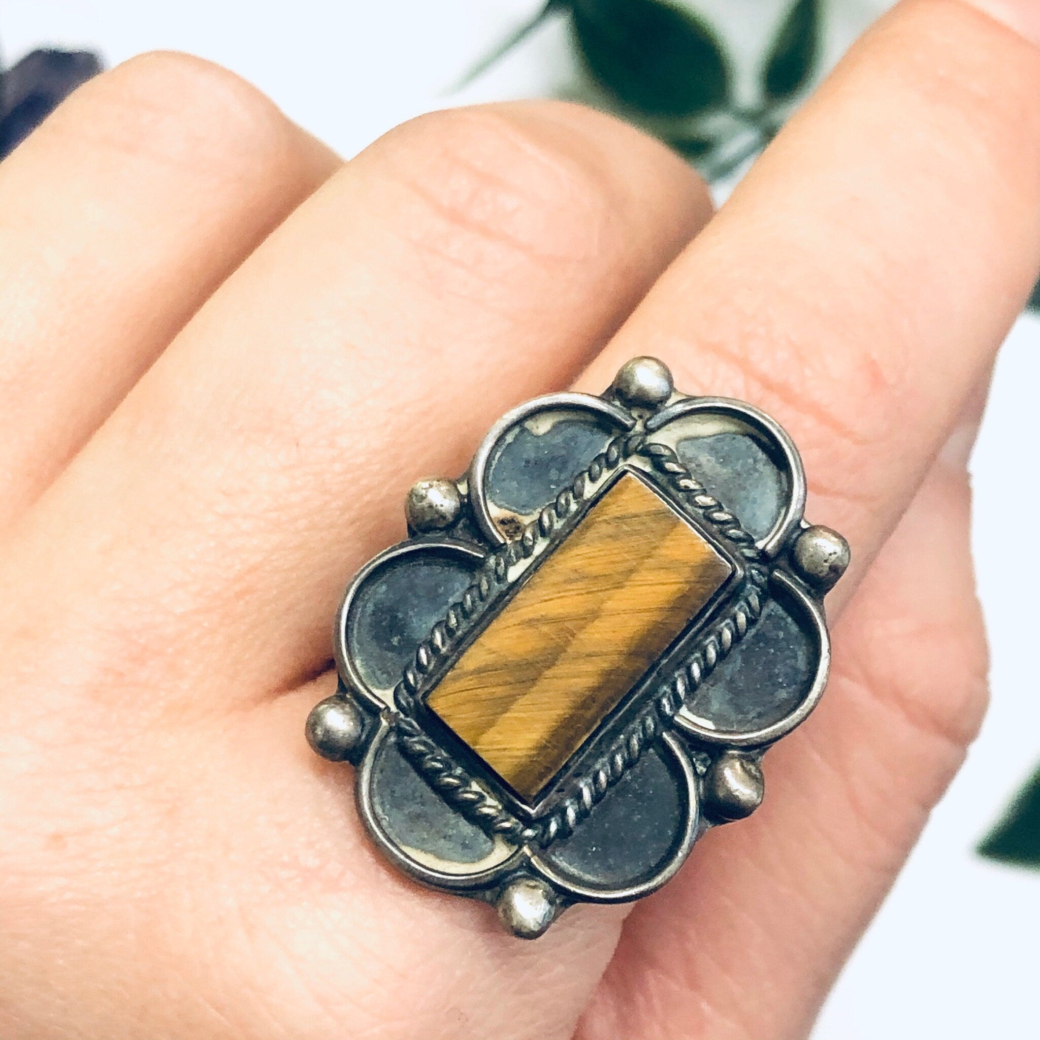 Vintage Tigers Eye Ring, Silver and Tigers Eye Ring, Tigers Eye Jewelry, Gemini Birthstone, Large Statement Ring
