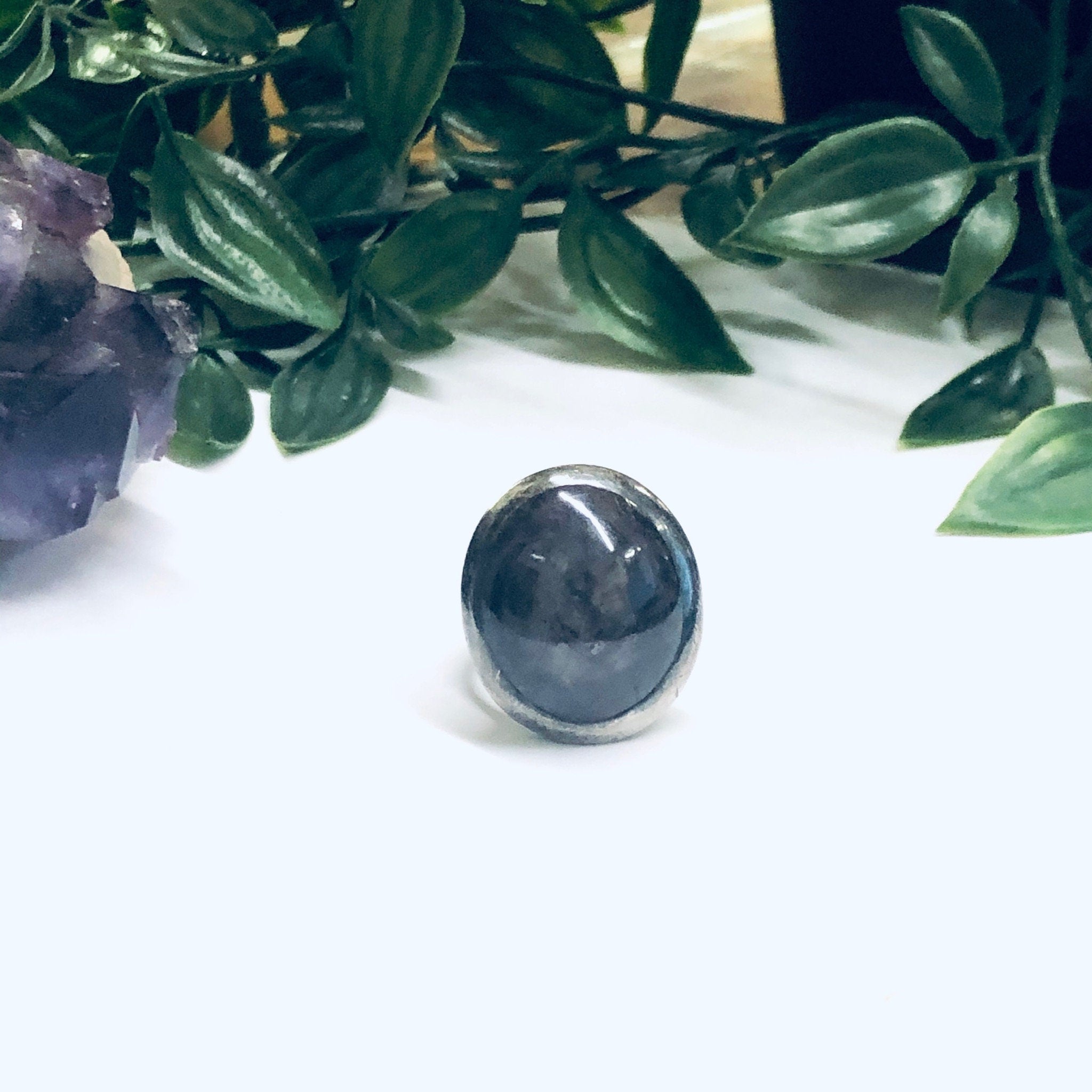 Vintage Silver Ring with Smokey Purple Gemstone, Large Statement Ring, Silver and Purple Ring, Unique Jewelry, Dark Purple Ring