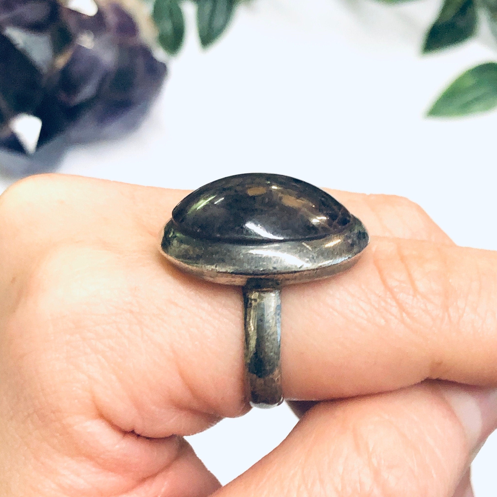 Vintage Silver Ring with Smokey Purple Gemstone, Large Statement Ring, Silver and Purple Ring, Unique Jewelry, Dark Purple Ring