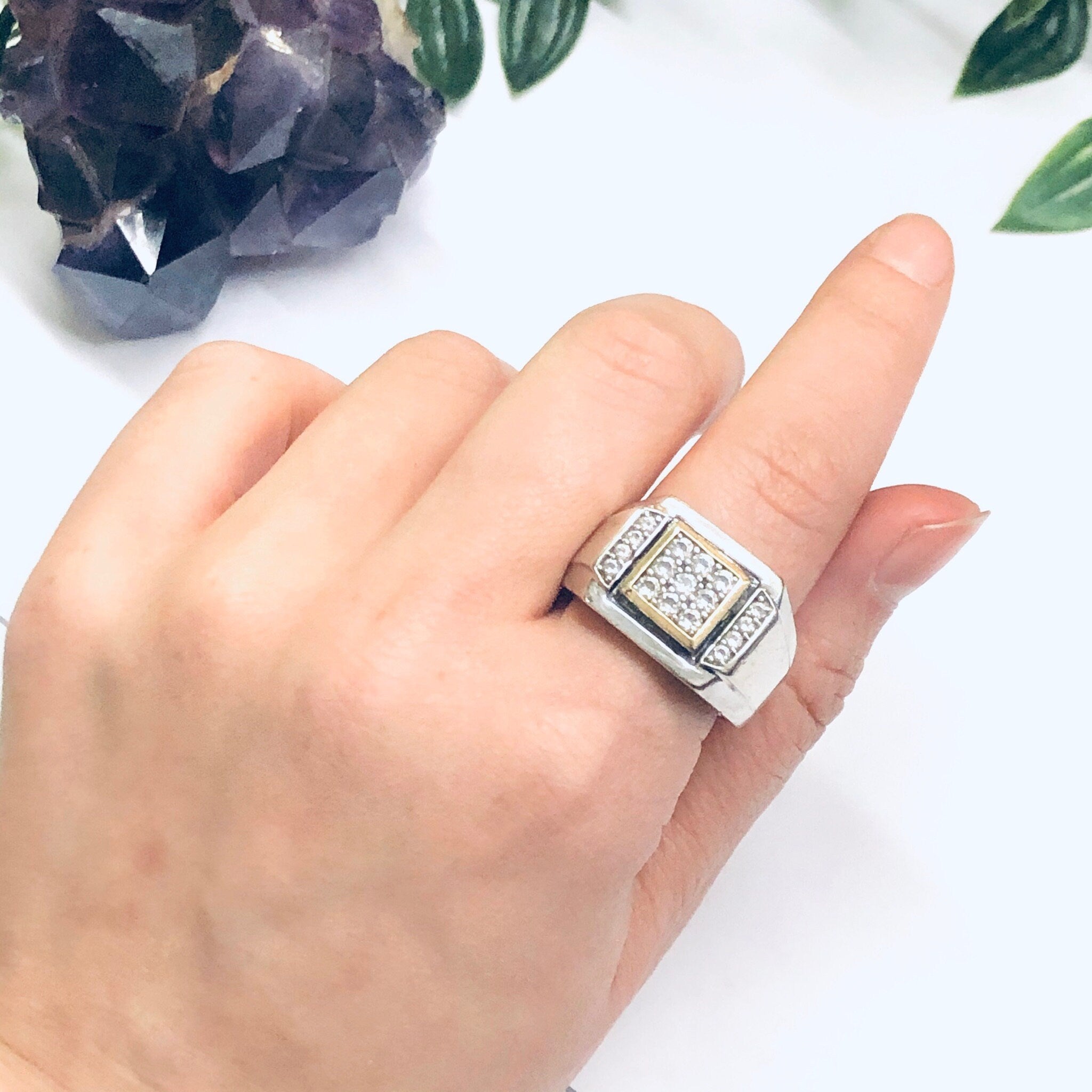 Vintage Silver and 10K Gold Ring, Cubic Zirconia Ring, Mens Ring, Large CZ Ring, 10K Gold Accent