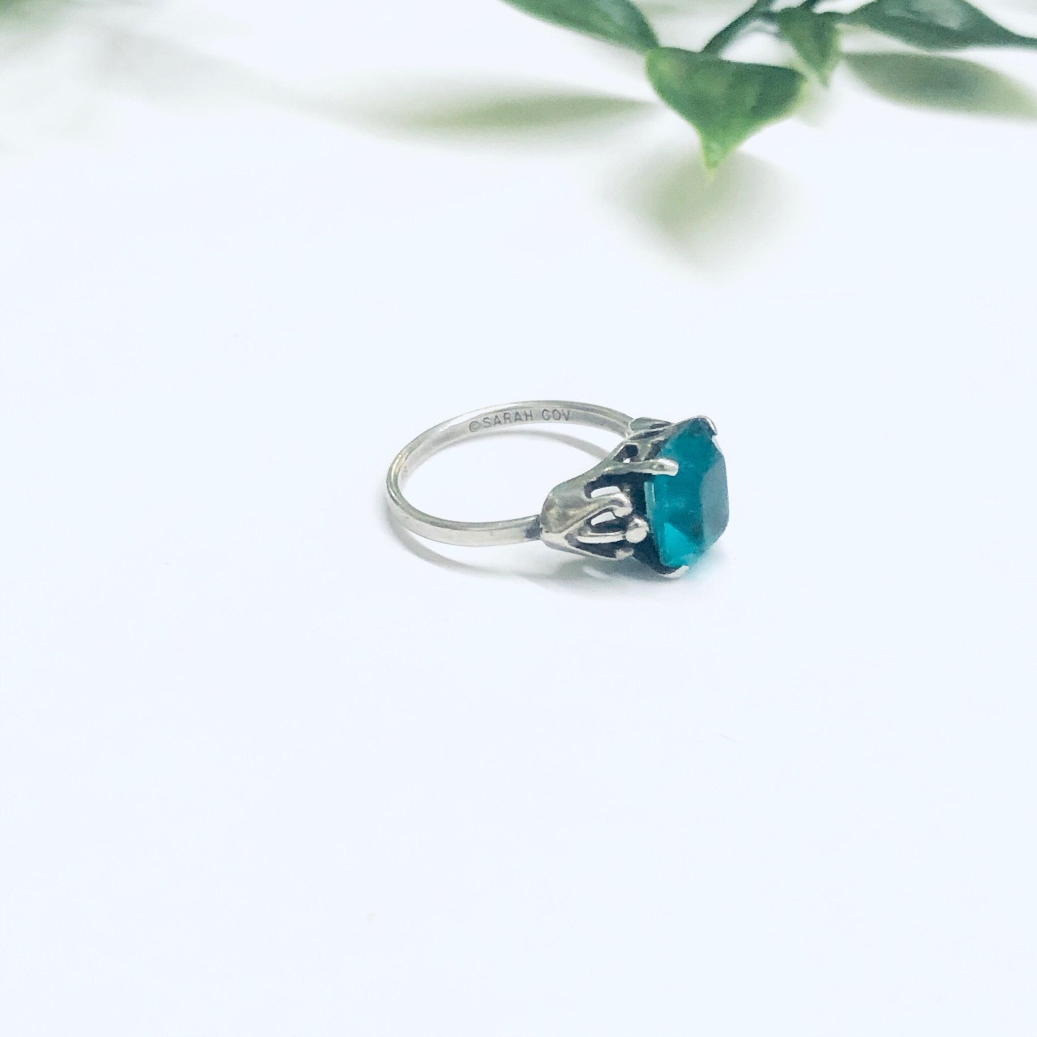Sarah Coventry Ring, Vintage Silver Ring, Green Gemstone Ring, Sarah Cov Silver, Emerald Cut Gemstone