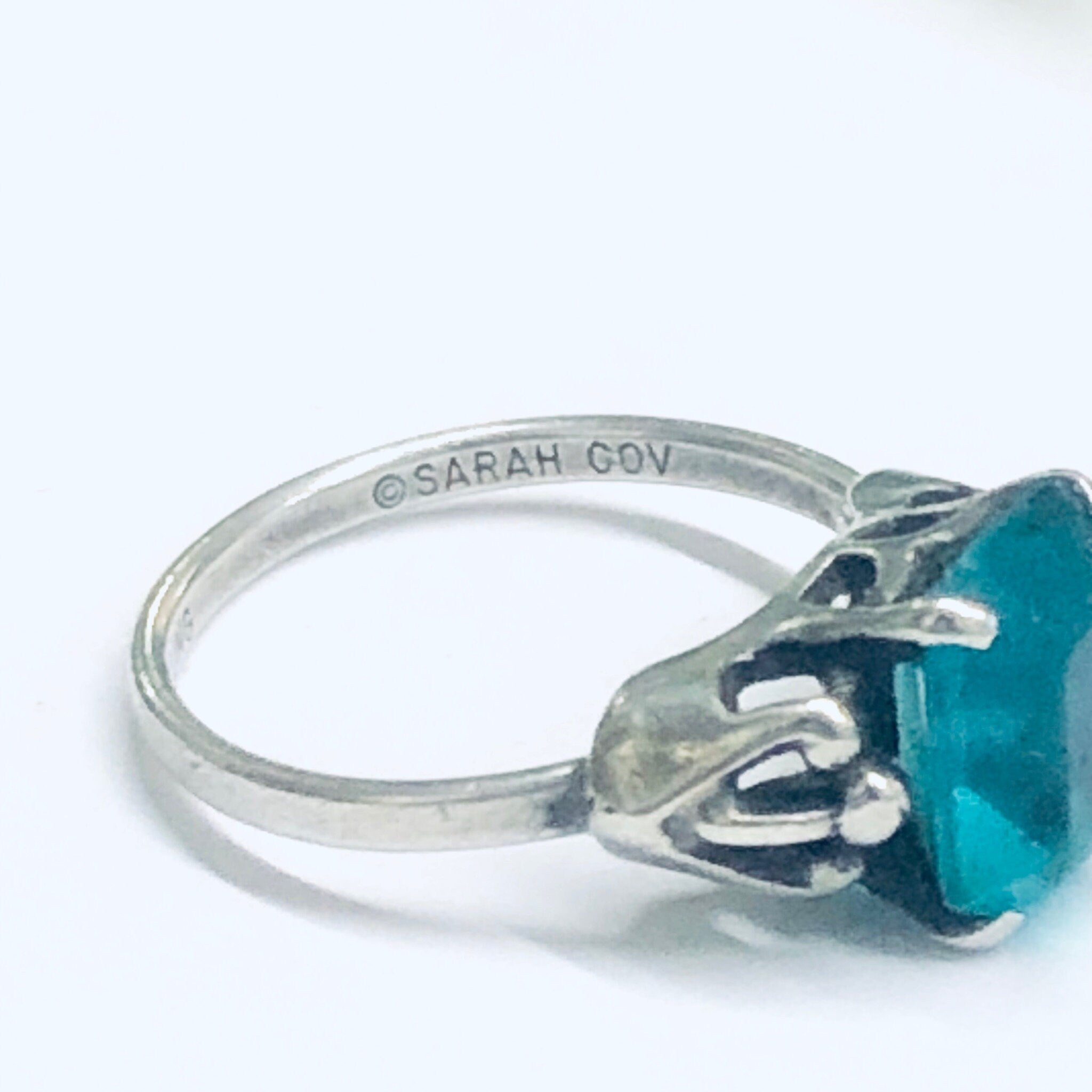 Sarah Coventry Ring, Vintage Silver Ring, Green Gemstone Ring, Sarah Cov Silver, Emerald Cut Gemstone